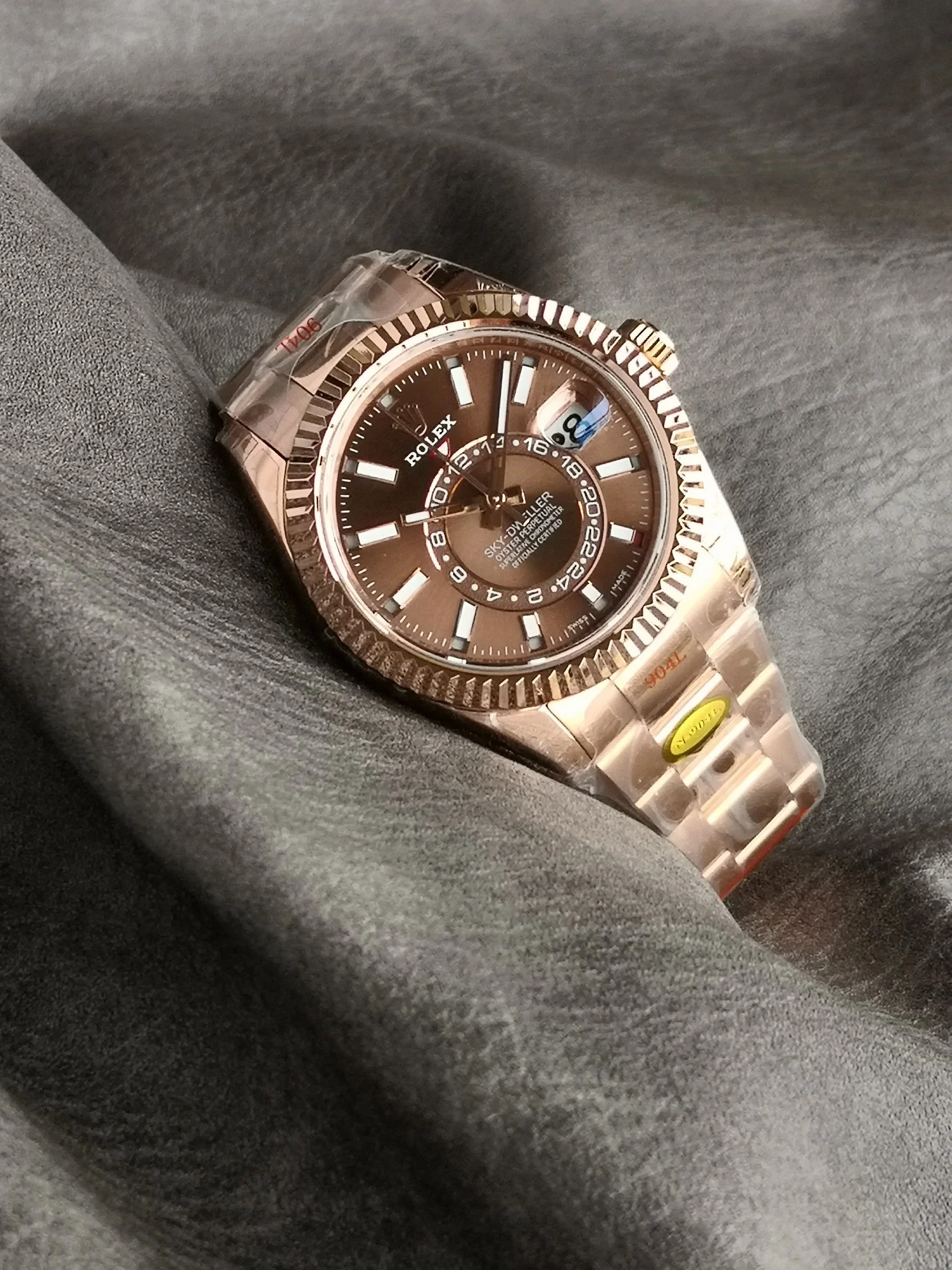 Rolex Sky-Dweller Moon Phase Ice Blue Yellow Gold Blue Dial 42mm — photographed off the sweep