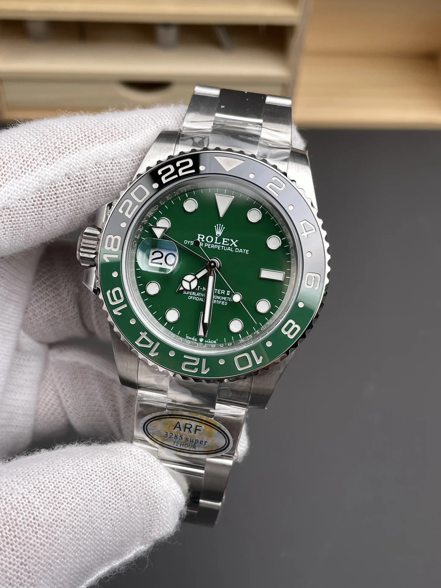 Rolex Sprite Green Dial 40mm — photographed off the sweep