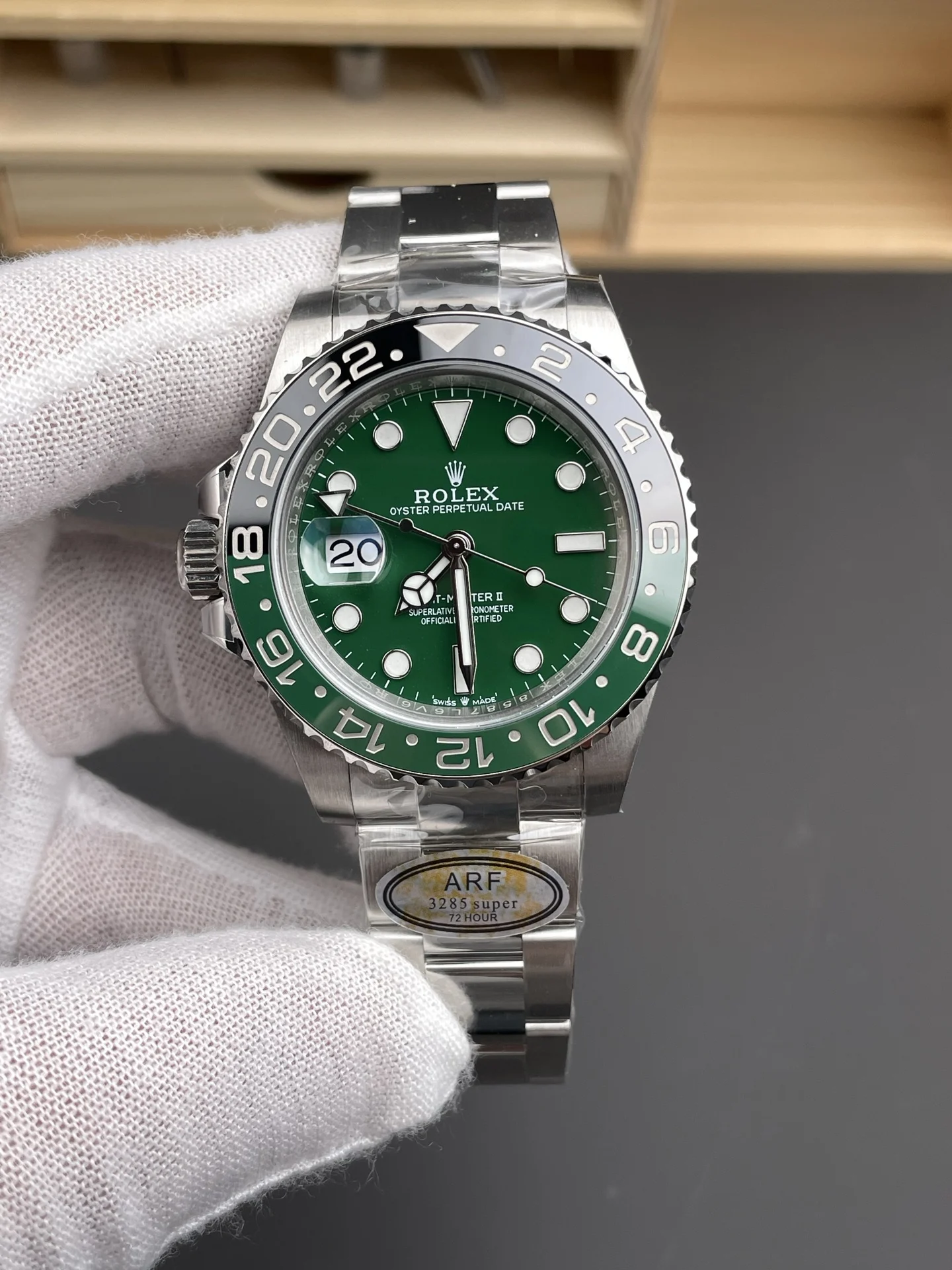 Rolex Sprite Green Dial 40mm — photographed off the sweep