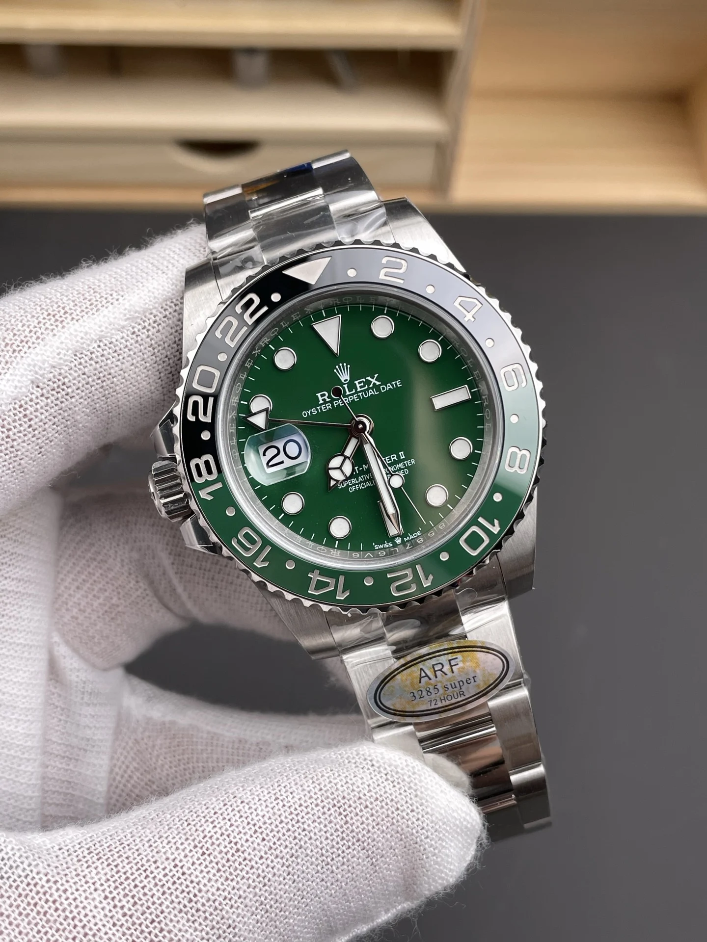Rolex Sprite Green Dial 40mm — photographed off the sweep