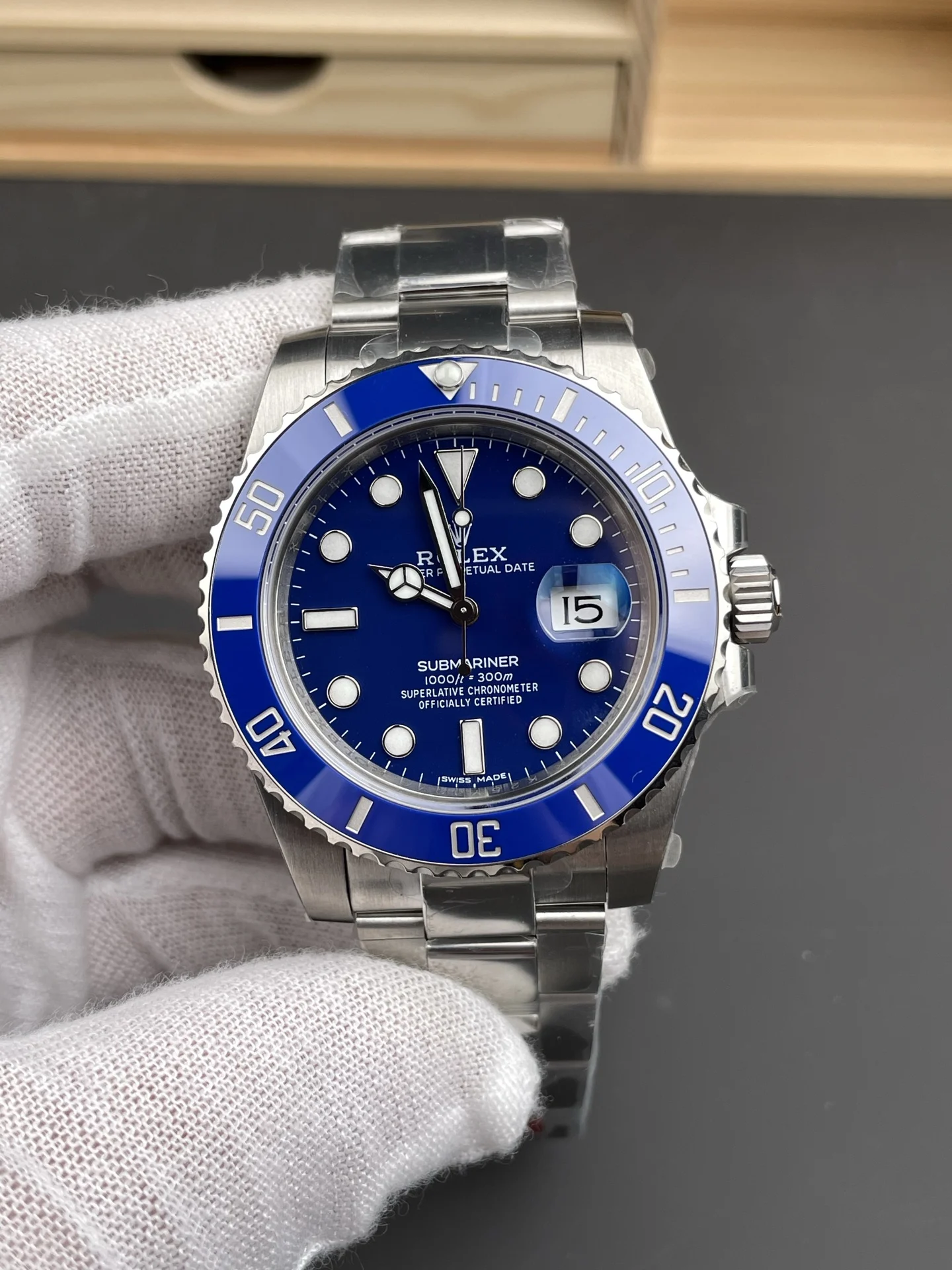 Rolex Submariner Blue Dial 40mm — photographed off the sweep