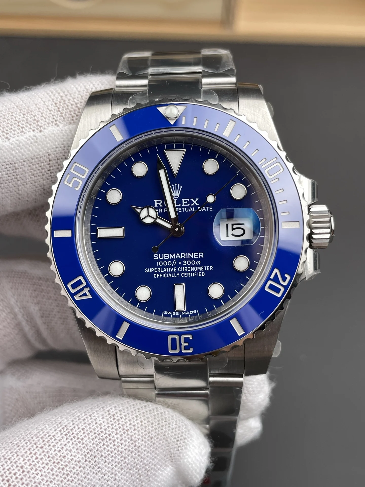Rolex Submariner Blue Dial 40mm — photographed off the sweep