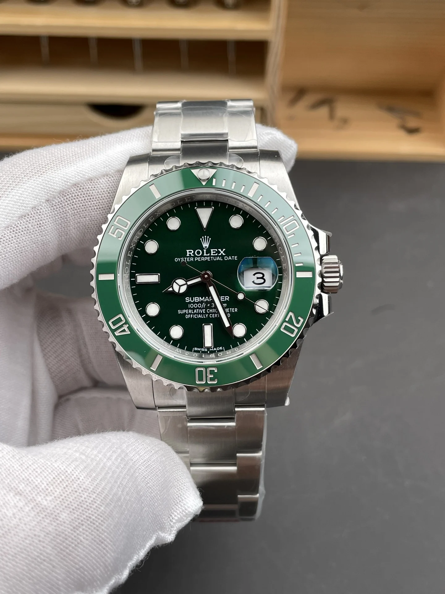 Rolex Submariner Hulk Green Dial 40mm — photographed off the sweep