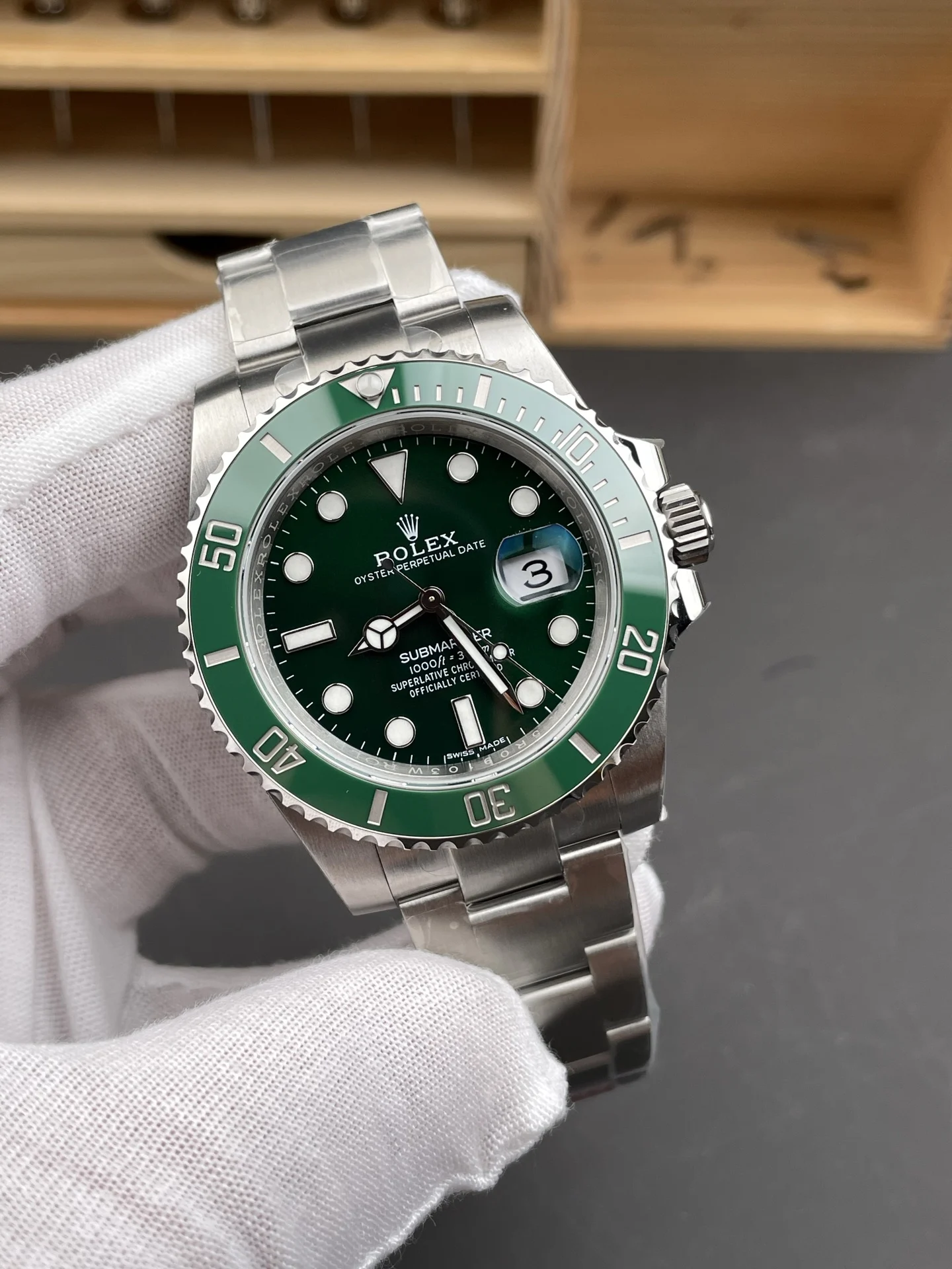 Rolex Submariner Hulk Green Dial 40mm — photographed off the sweep