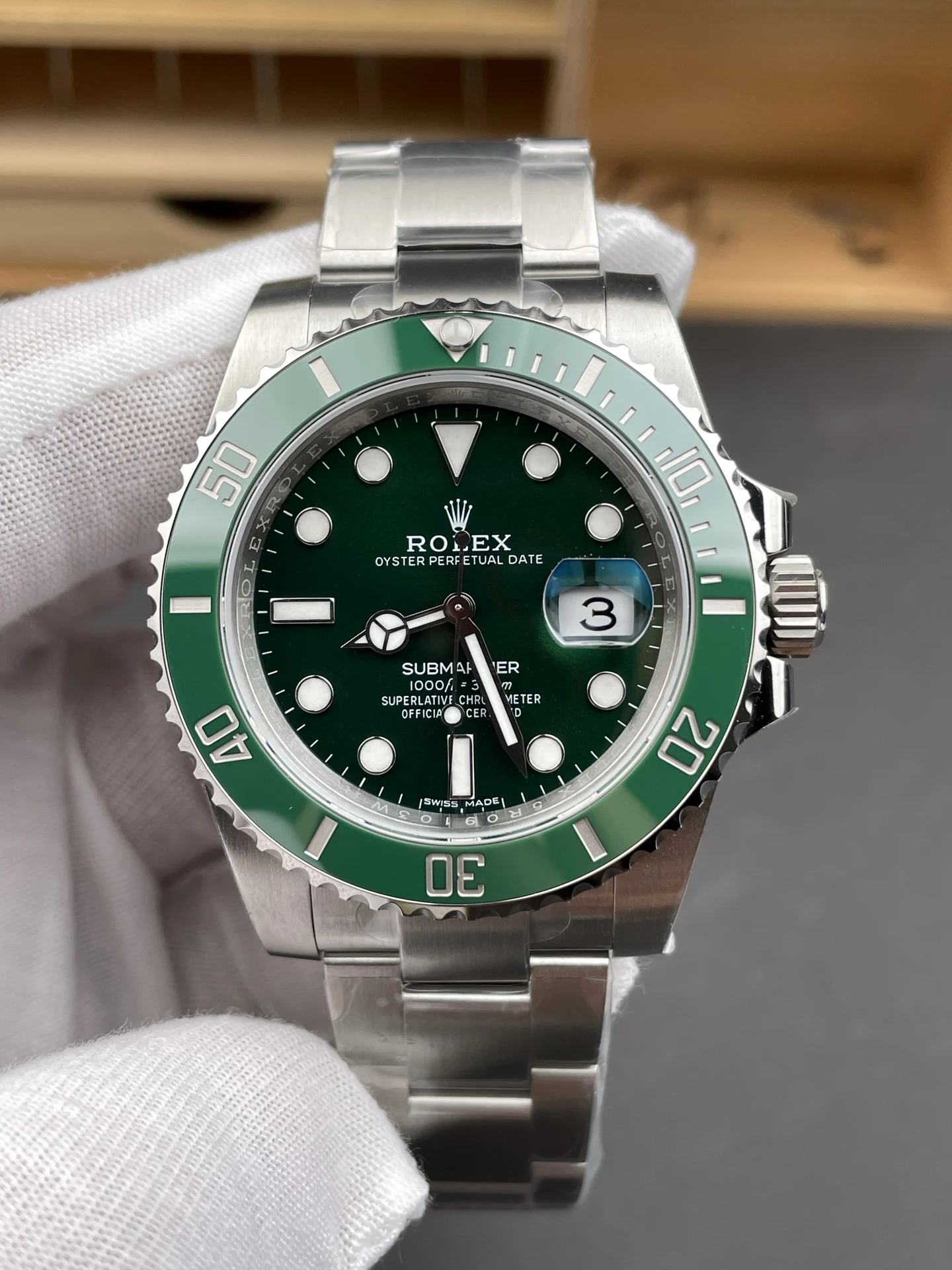 Rolex Submariner Hulk Green Dial 40mm — photographed off the sweep
