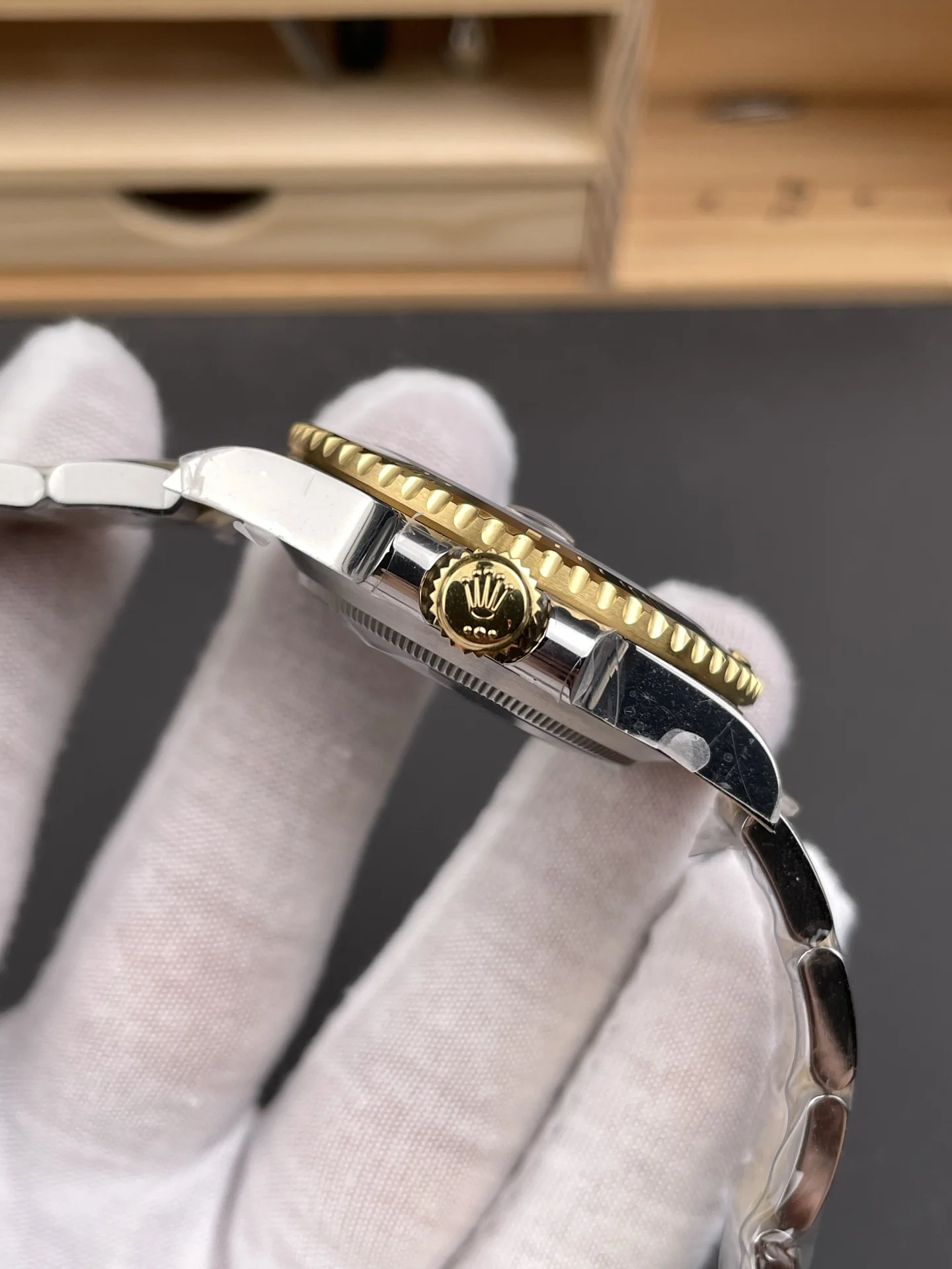 Rolex Submariner Two-Tone Black Dial 40mm — photographed off the sweep