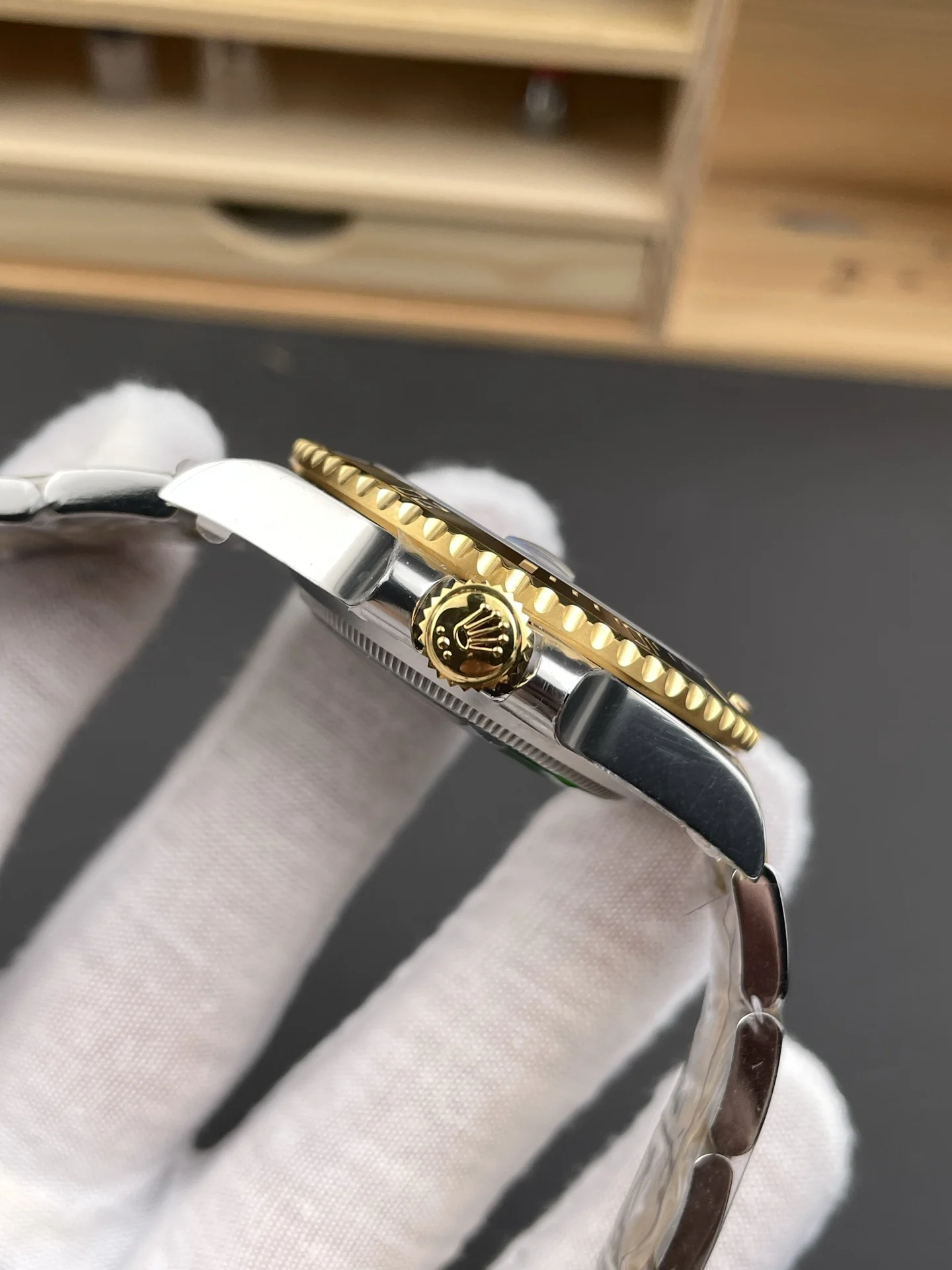 Rolex Submariner Two-Tone Black Dial 41mm — photographed off the sweep