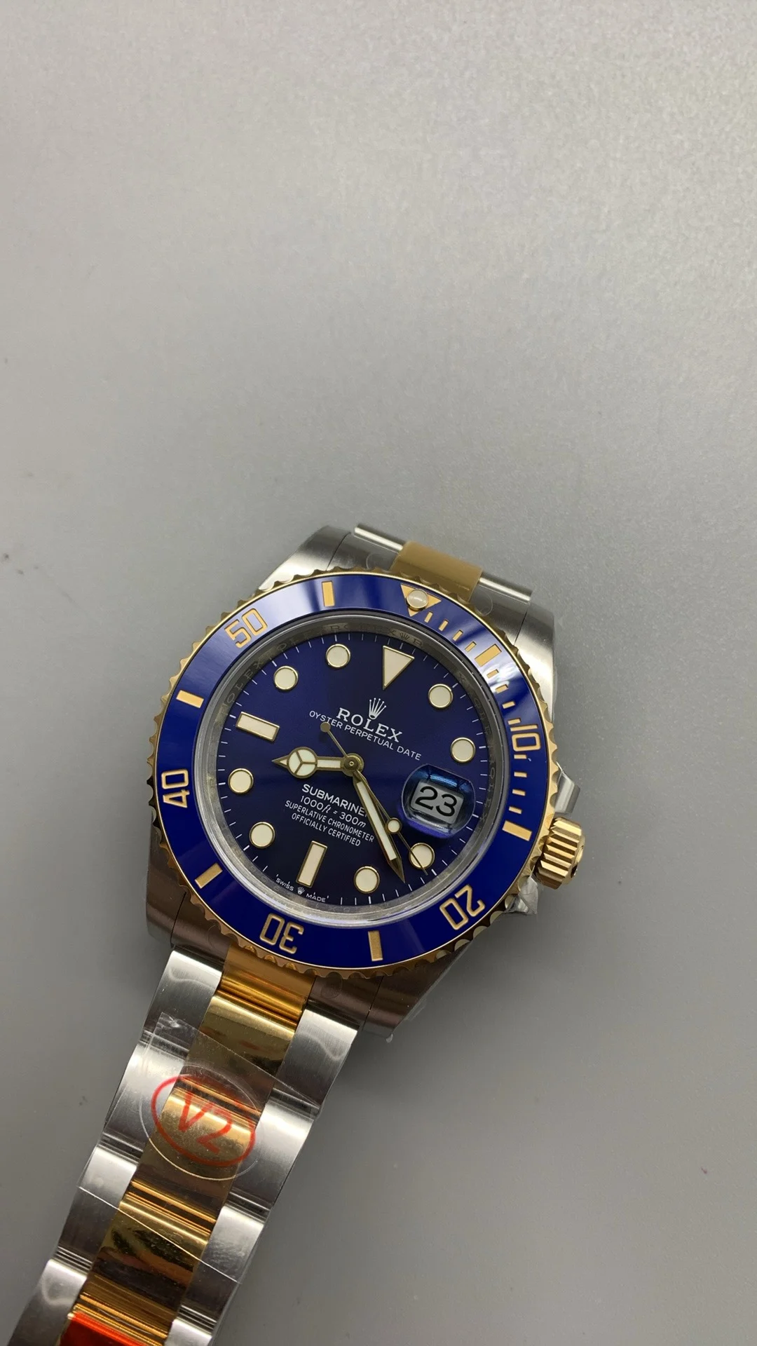 Rolex Submariner Two-Tone Blue Dial 41mm — photographed off the sweep