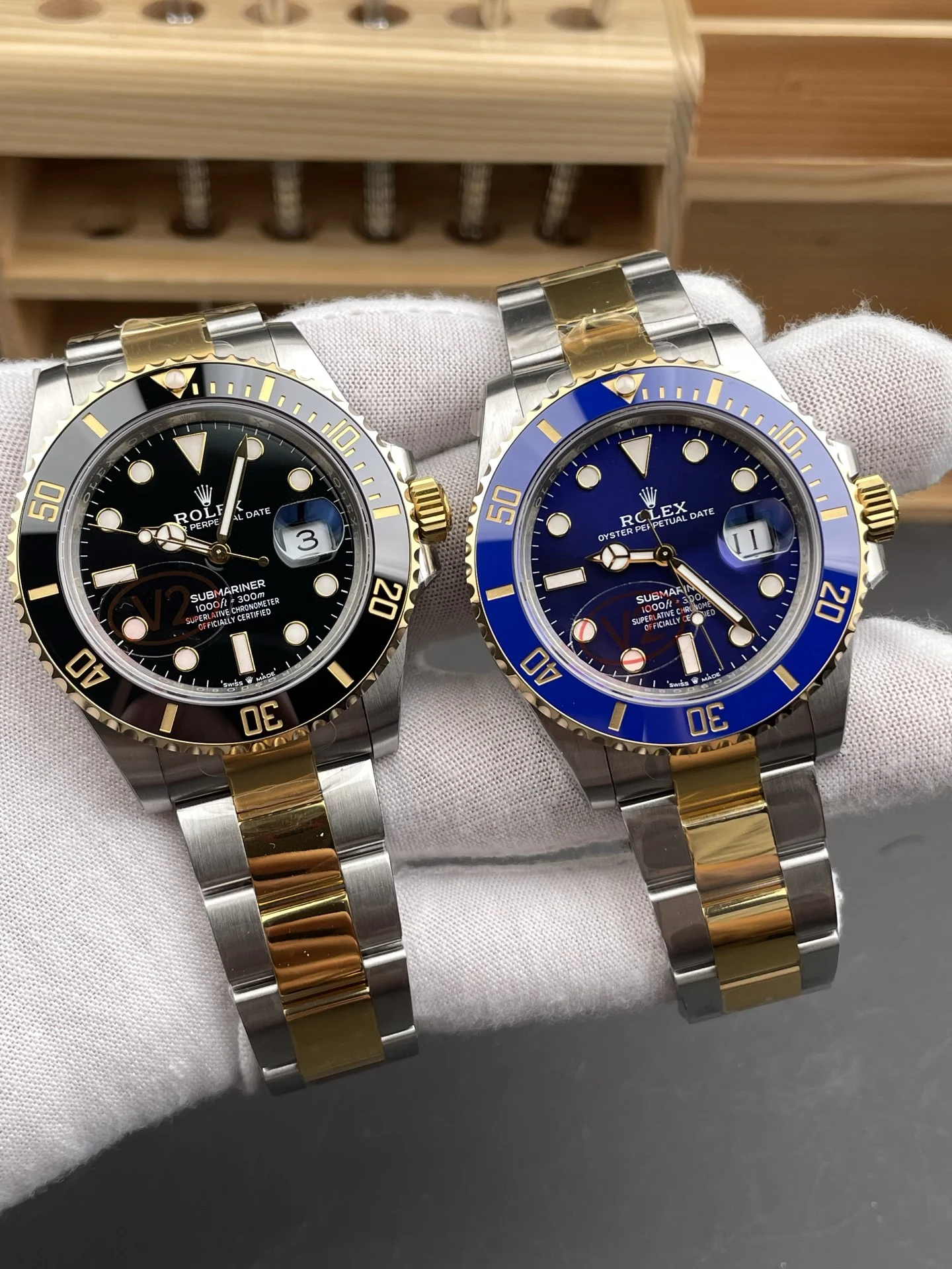 Rolex Submariner Two-Tone Blue Dial — photographed off the sweep
