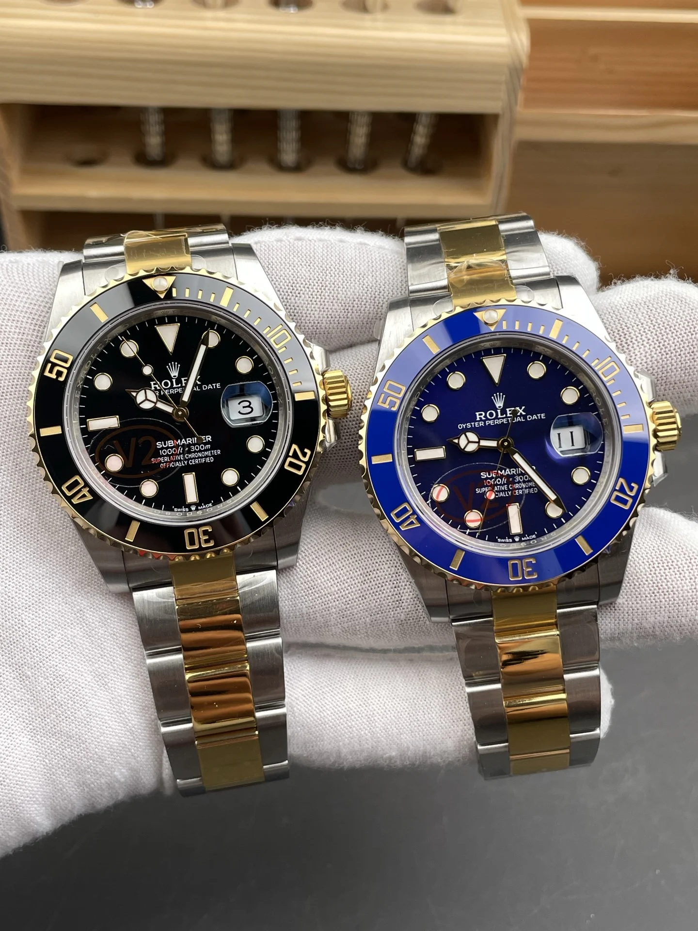 Rolex Submariner Two-Tone Blue Dial — photographed off the sweep