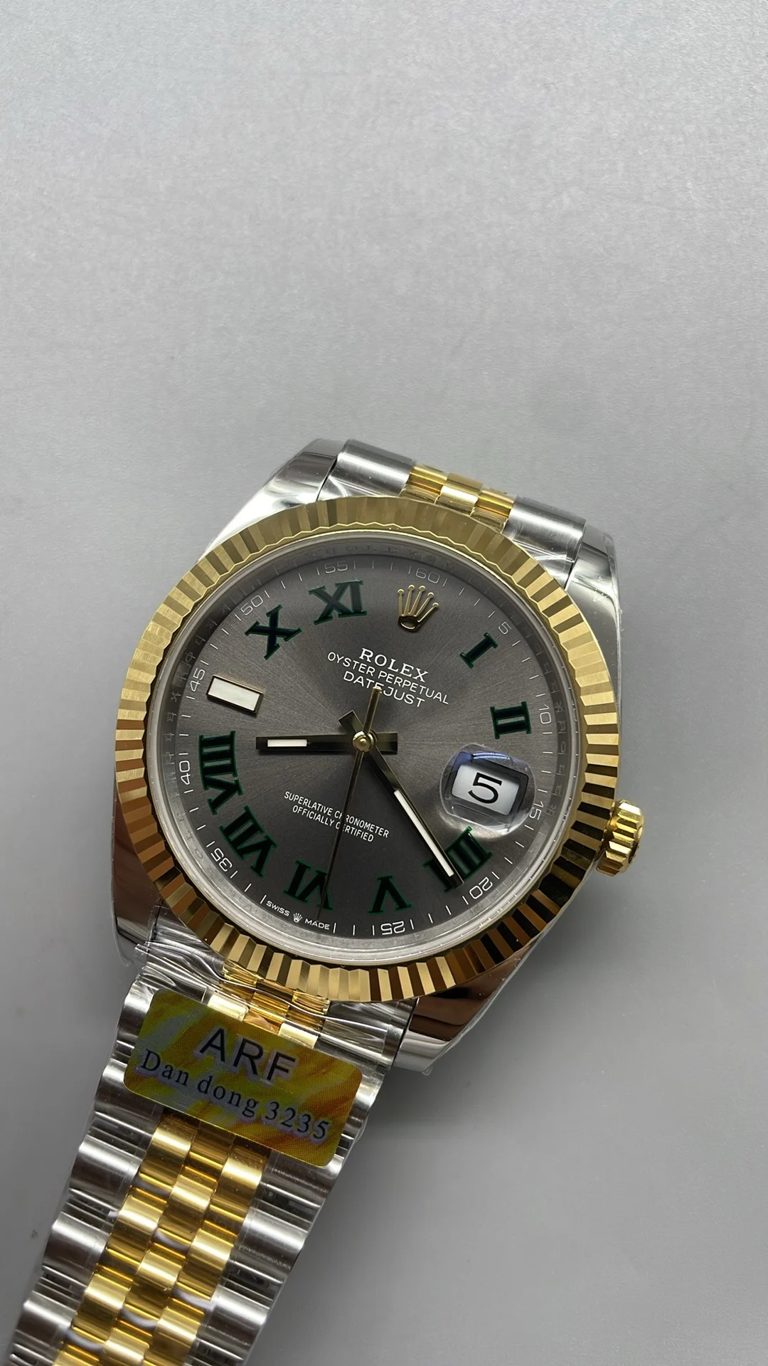 Rolex Two-Tone Green Dial 41mm — photographed off the sweep