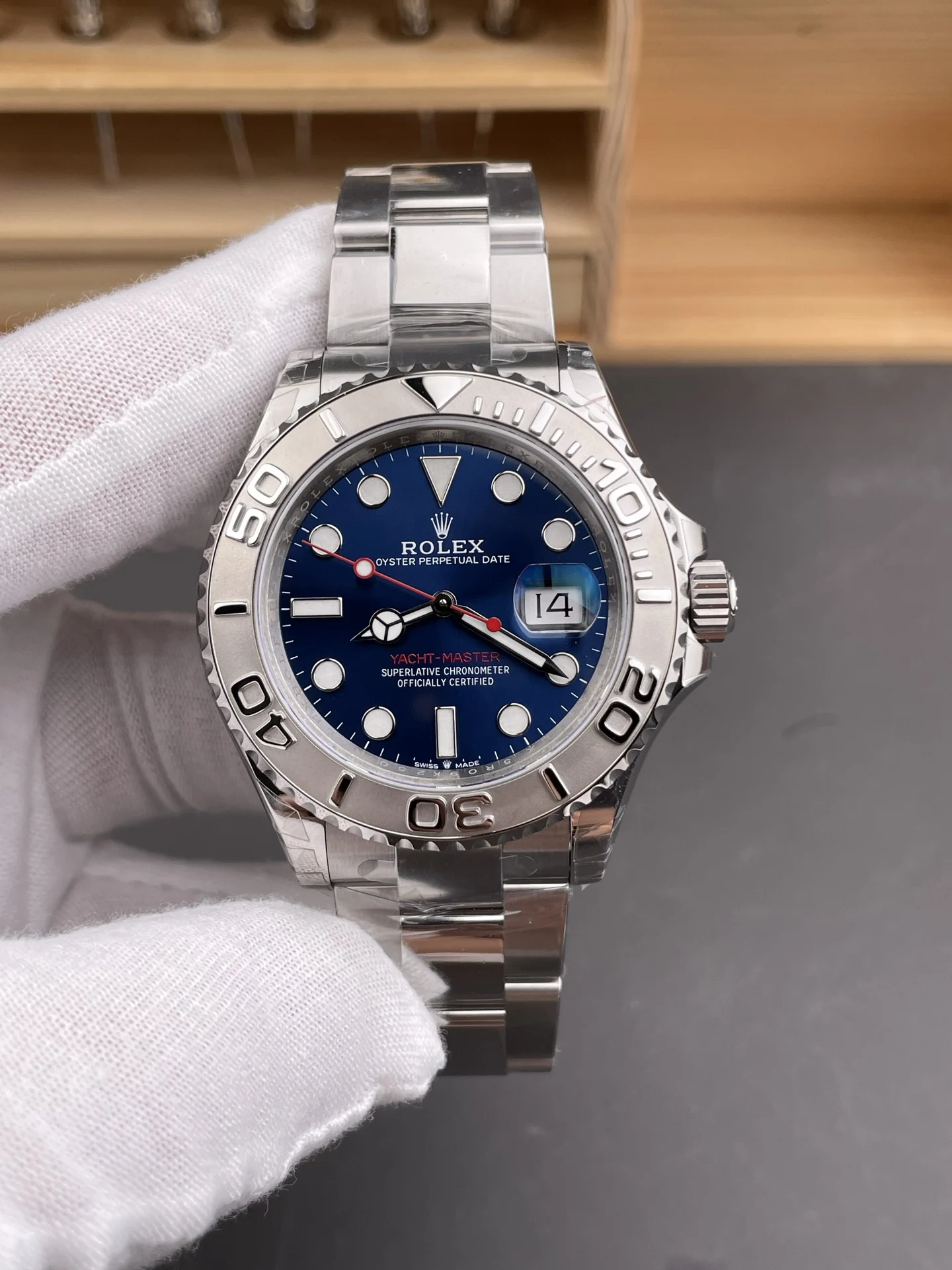 Rolex Yacht-Master Blue Dial 40mm — photographed off the sweep
