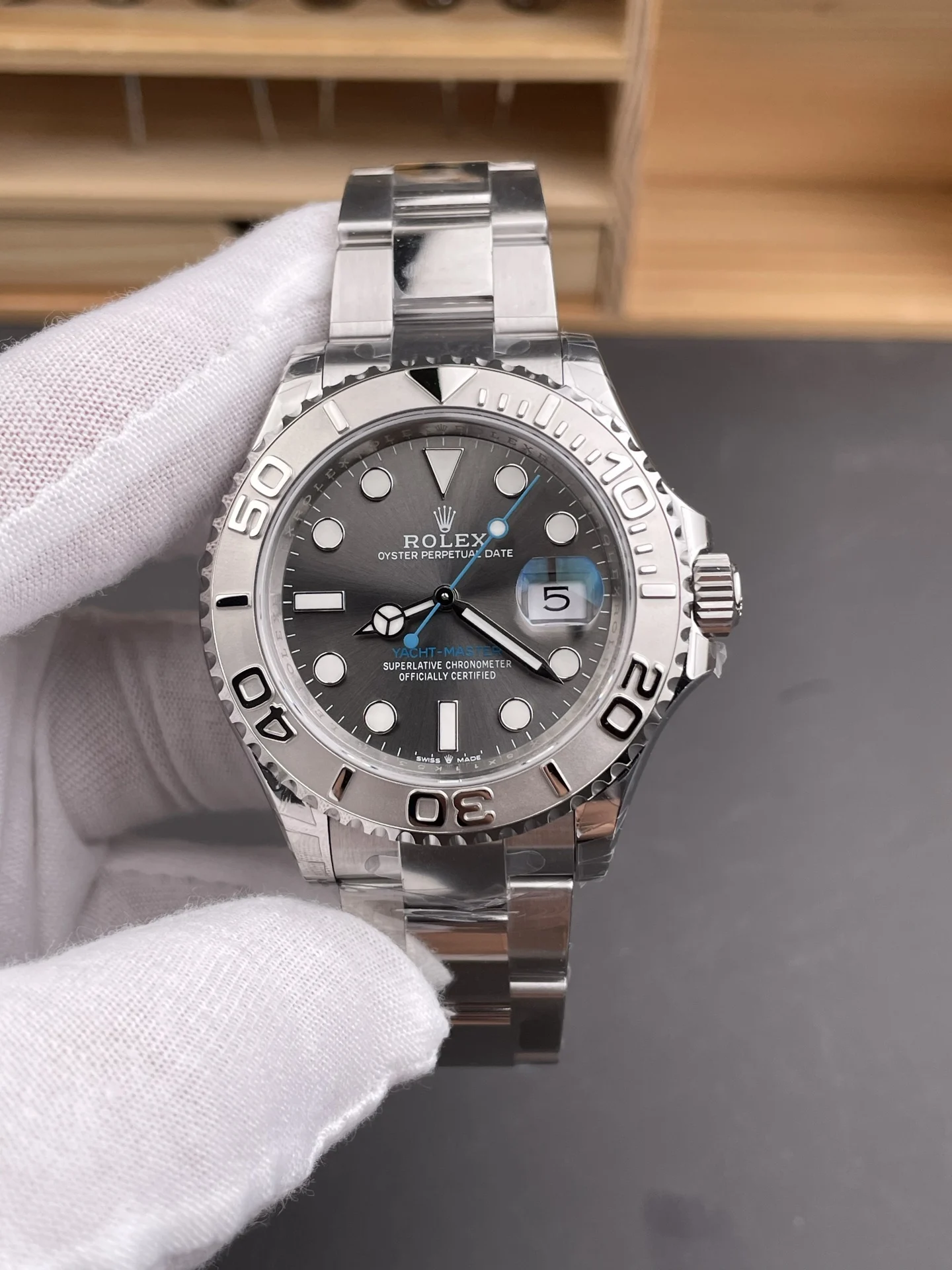 Rolex Yacht-Master Grey Dial 40mm — photographed off the sweep