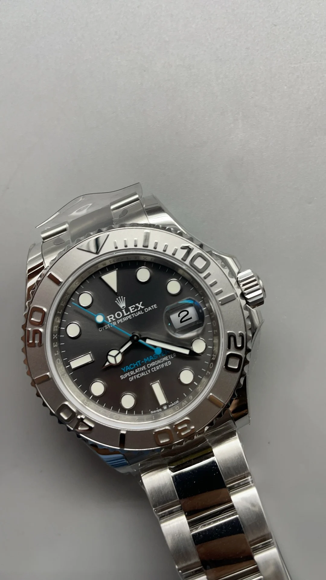 Rolex Yacht-Master Grey Dial 40mm — photographed off the sweep