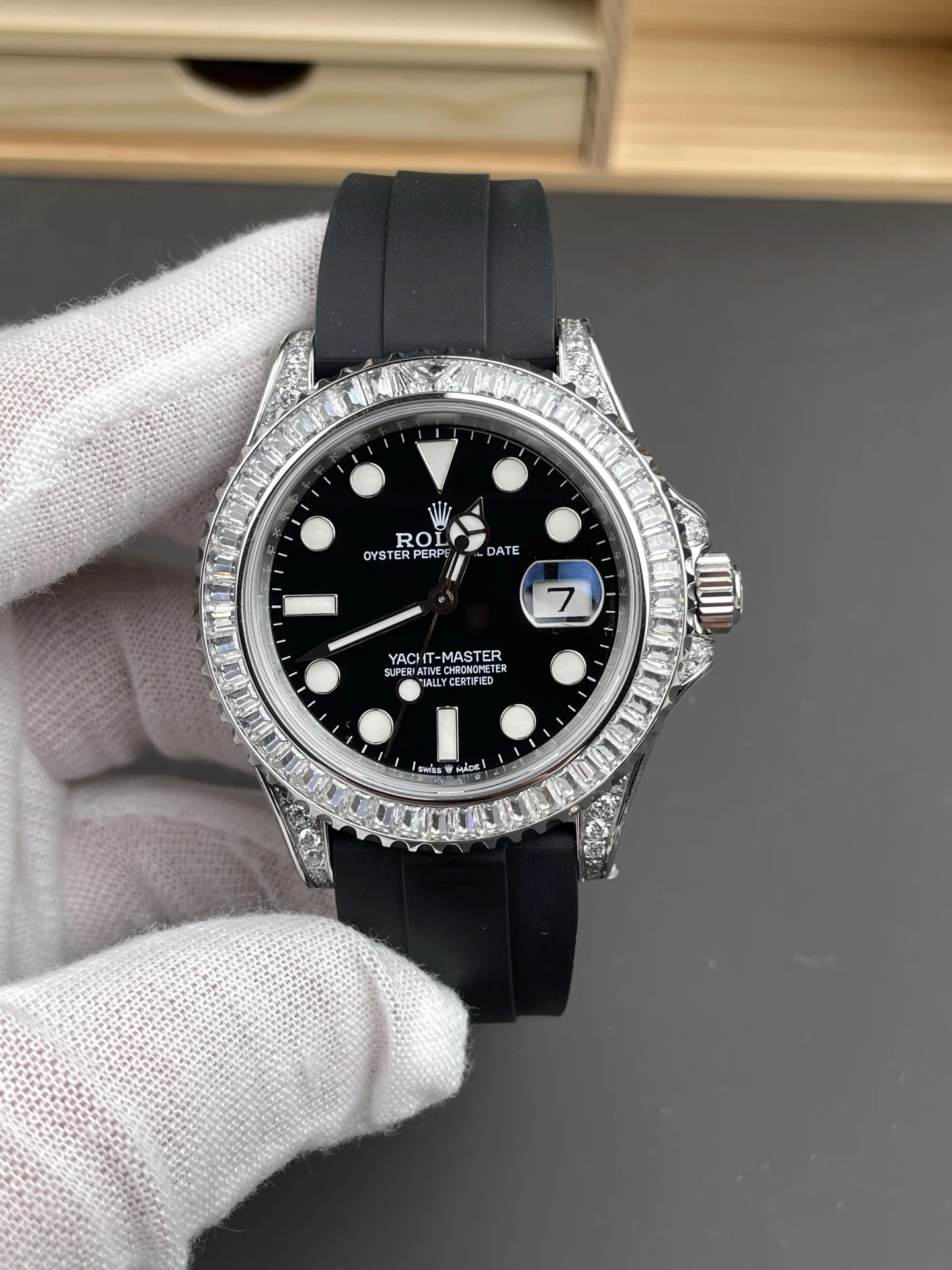 Rolex Yacht-Master Platinum Diamond-Set 42mm — photographed off the sweep