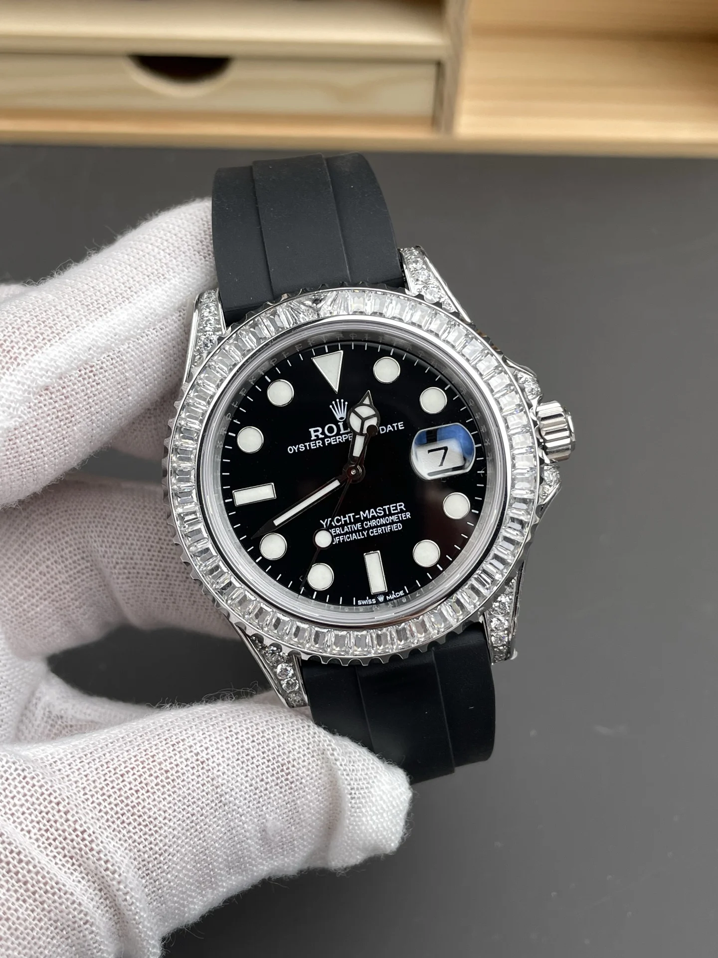 Rolex Yacht-Master Platinum Diamond-Set 42mm — photographed off the sweep