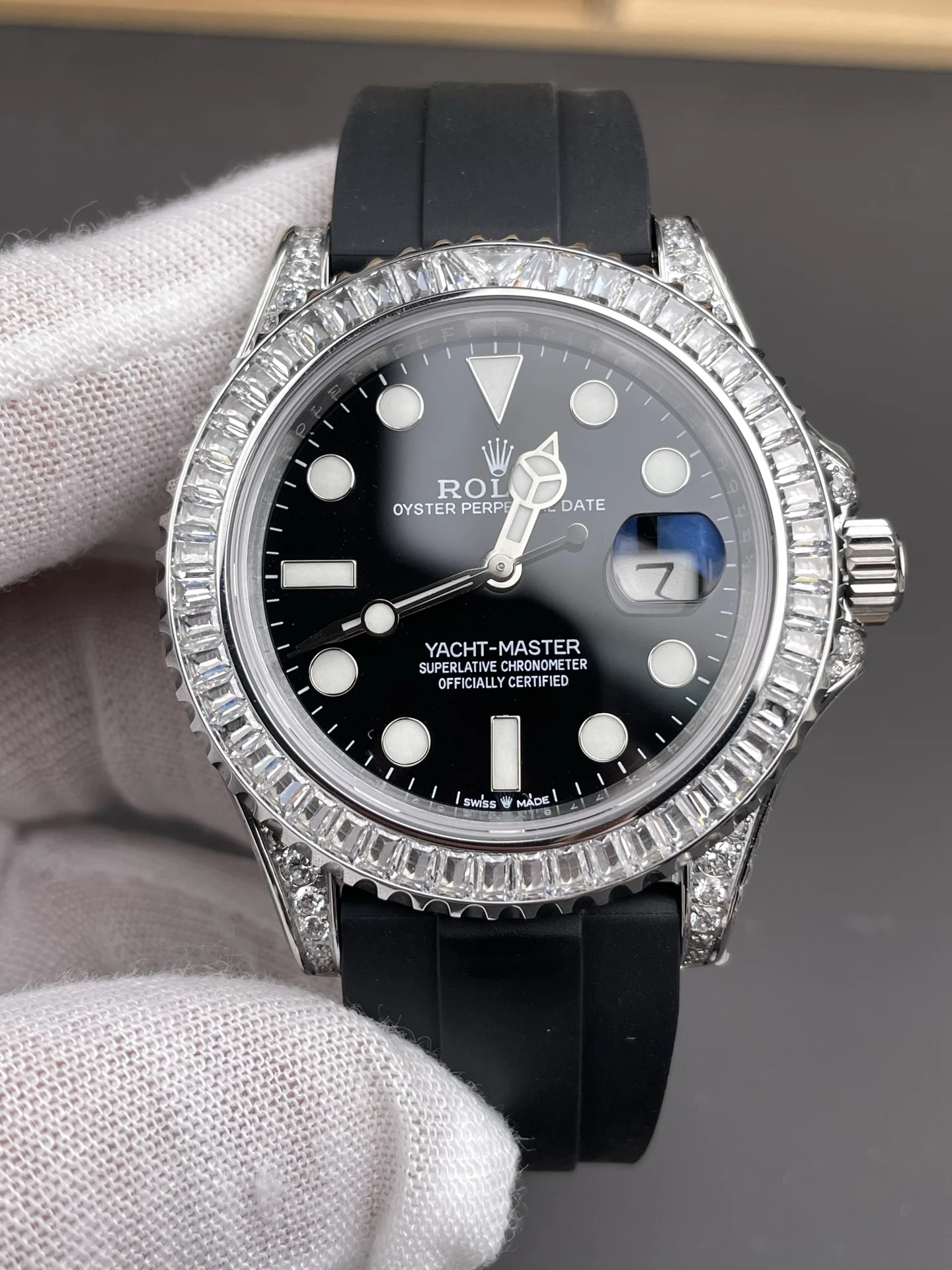 Rolex Yacht-Master Platinum Diamond-Set 42mm — photographed off the sweep