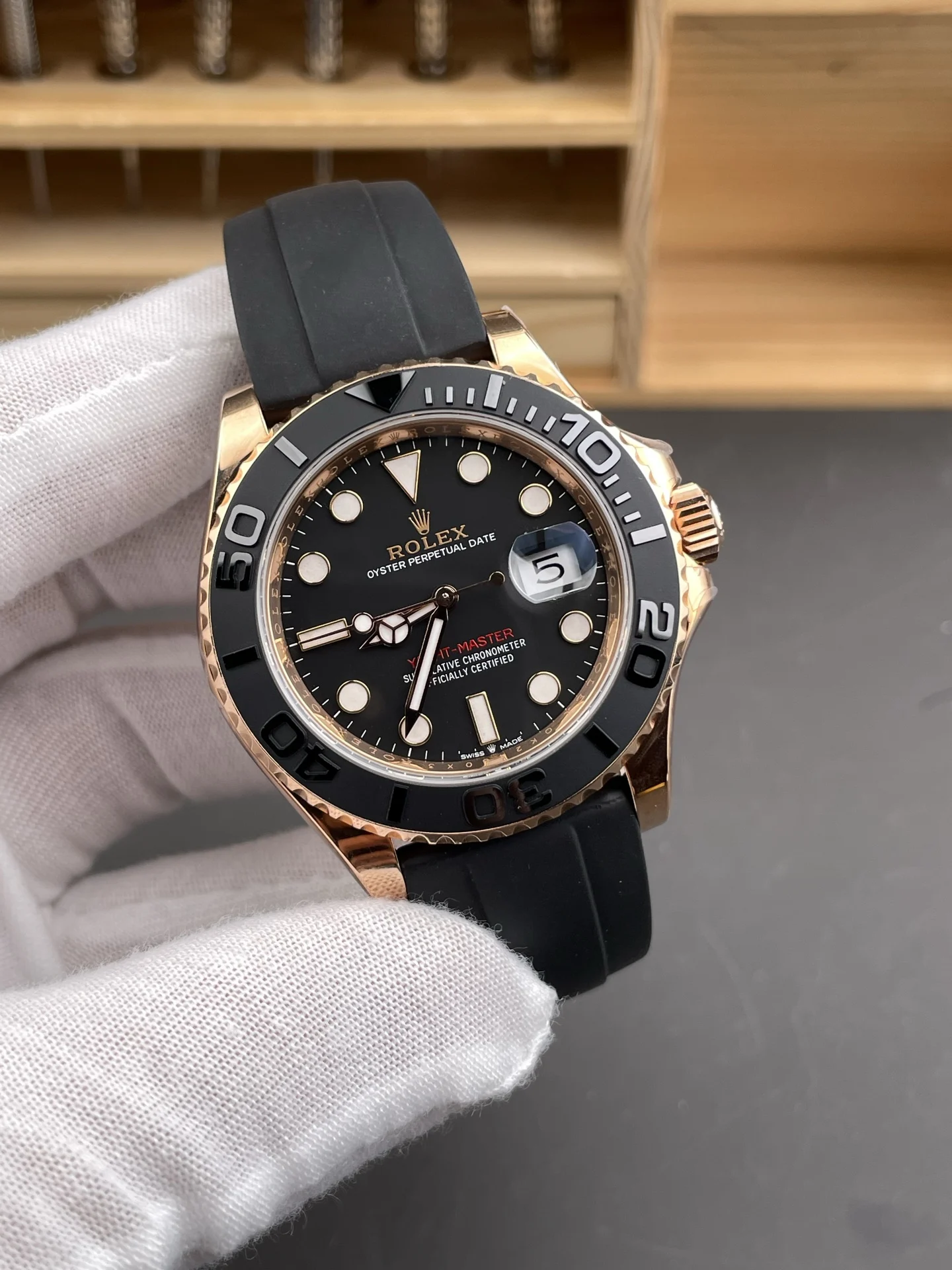 Rolex Yacht-Master Rose Gold 40mm — photographed off the sweep