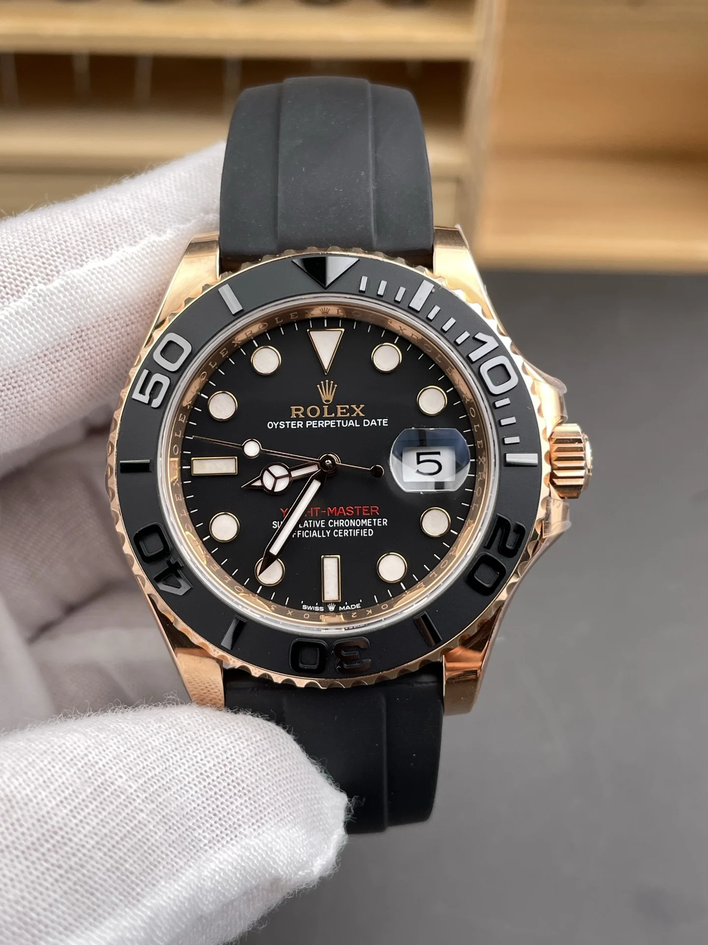 Rolex Yacht-Master Rose Gold 40mm — photographed off the sweep