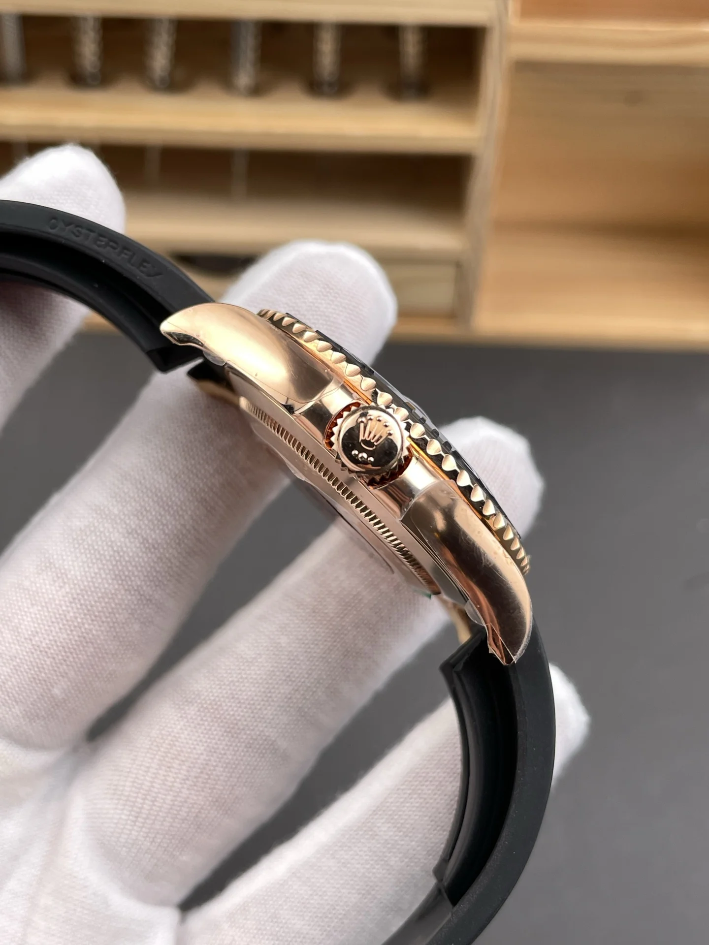 Rolex Yacht-Master Rose Gold 40mm — photographed off the sweep