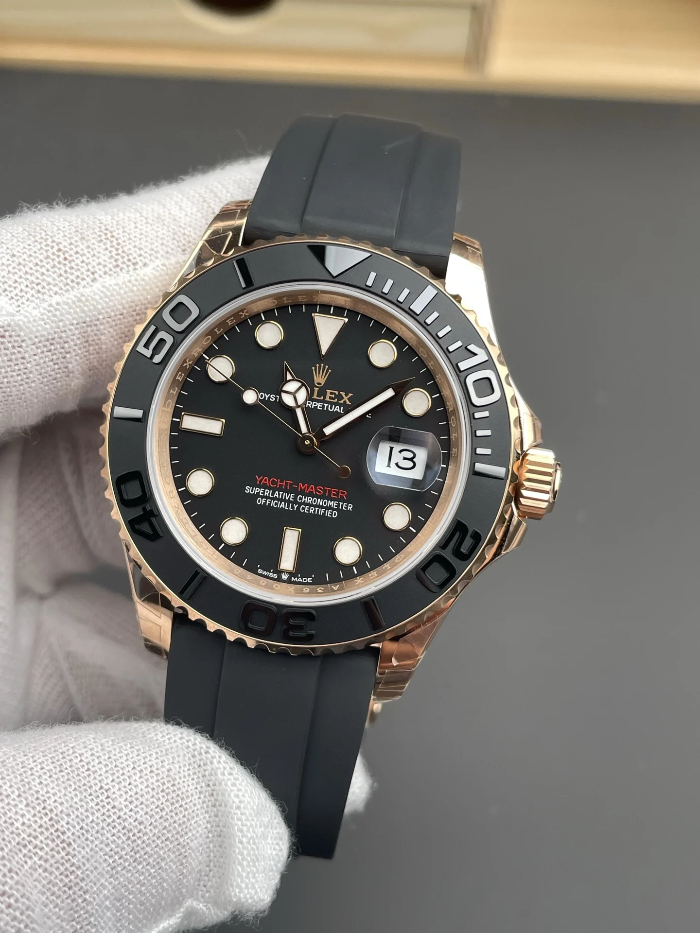 Rolex Yacht-Master Rose Gold 40mm — photographed off the sweep
