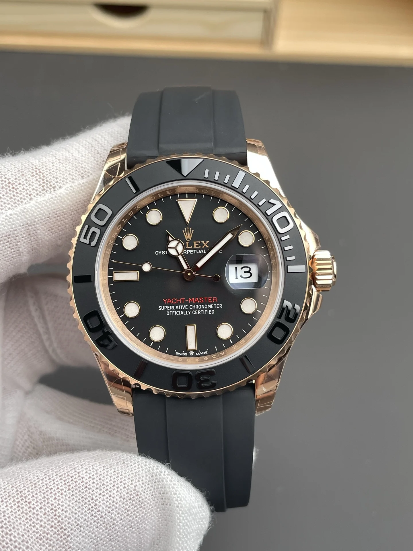Rolex Yacht-Master Rose Gold 40mm — photographed off the sweep