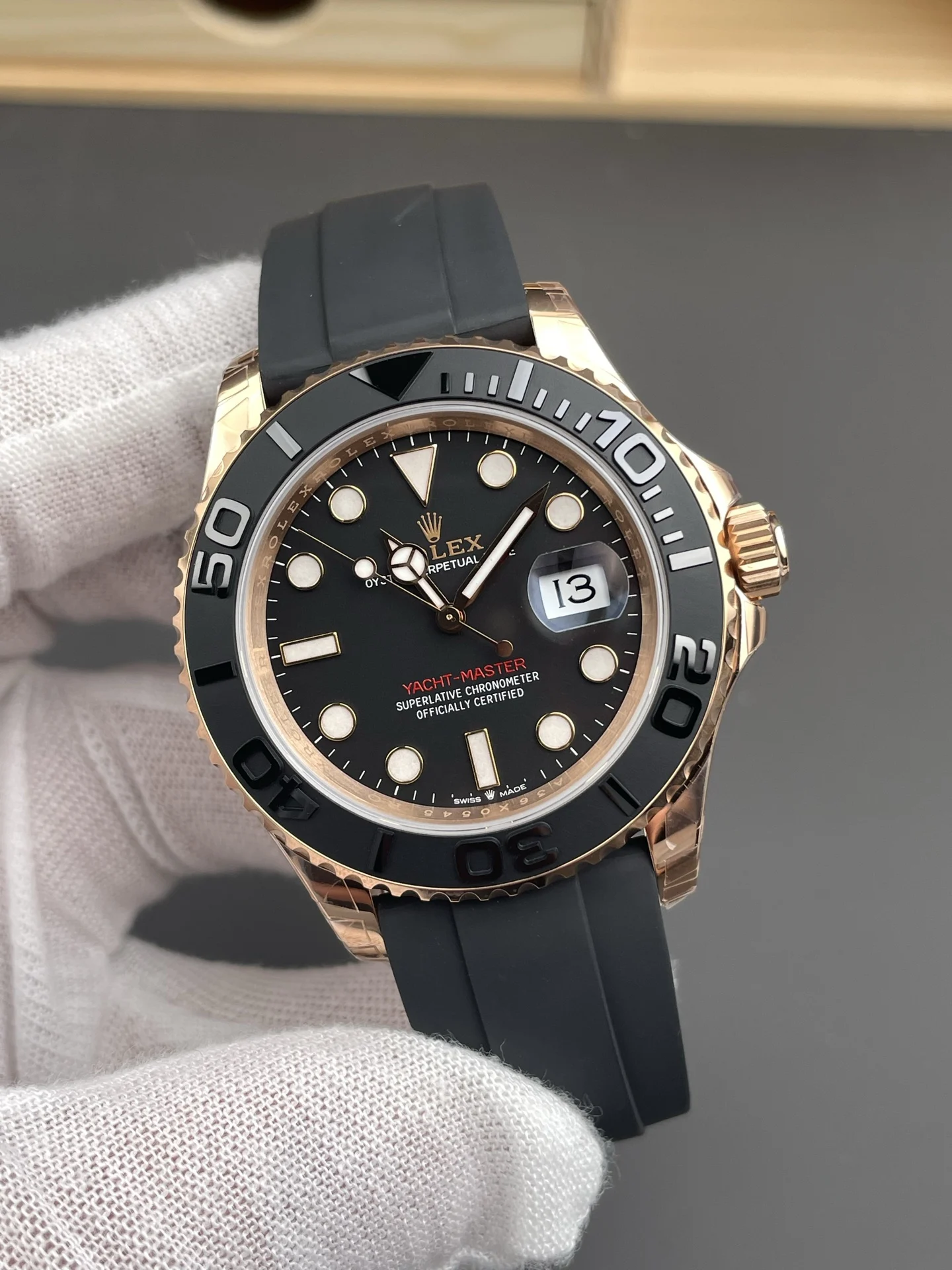 Rolex Yacht-Master Rose Gold 40mm — photographed off the sweep
