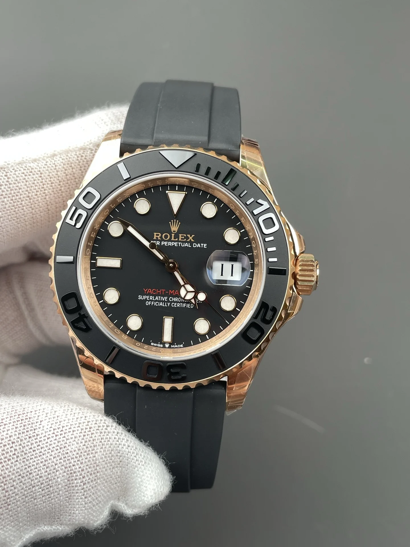 Rolex Yacht-Master Rose Gold 40mm — photographed off the sweep