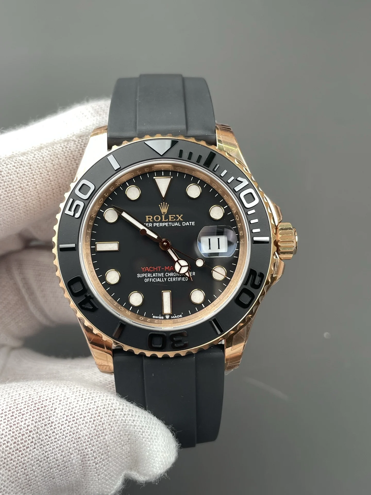 Rolex Yacht-Master Rose Gold 40mm — photographed off the sweep