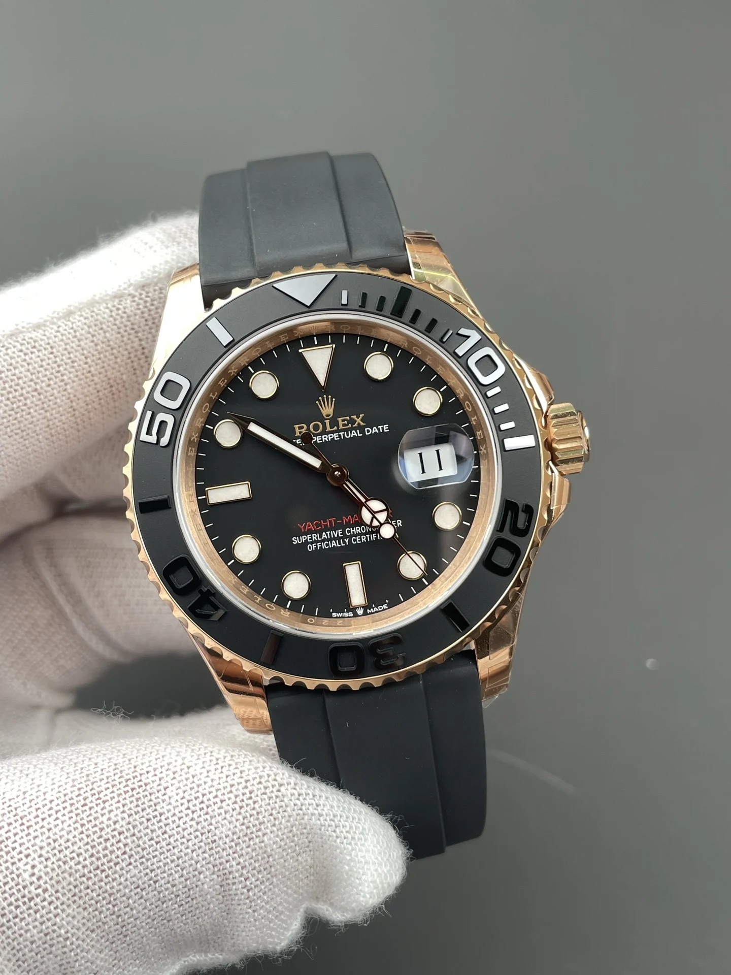 Rolex Yacht-Master Rose Gold 40mm — photographed off the sweep