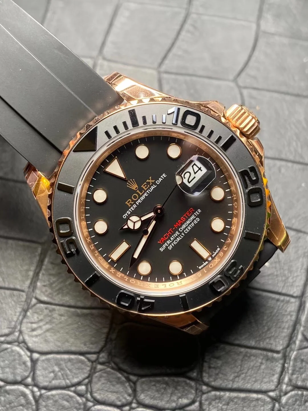 Rolex Yacht-Master Rose Gold 40mm — photographed off the sweep