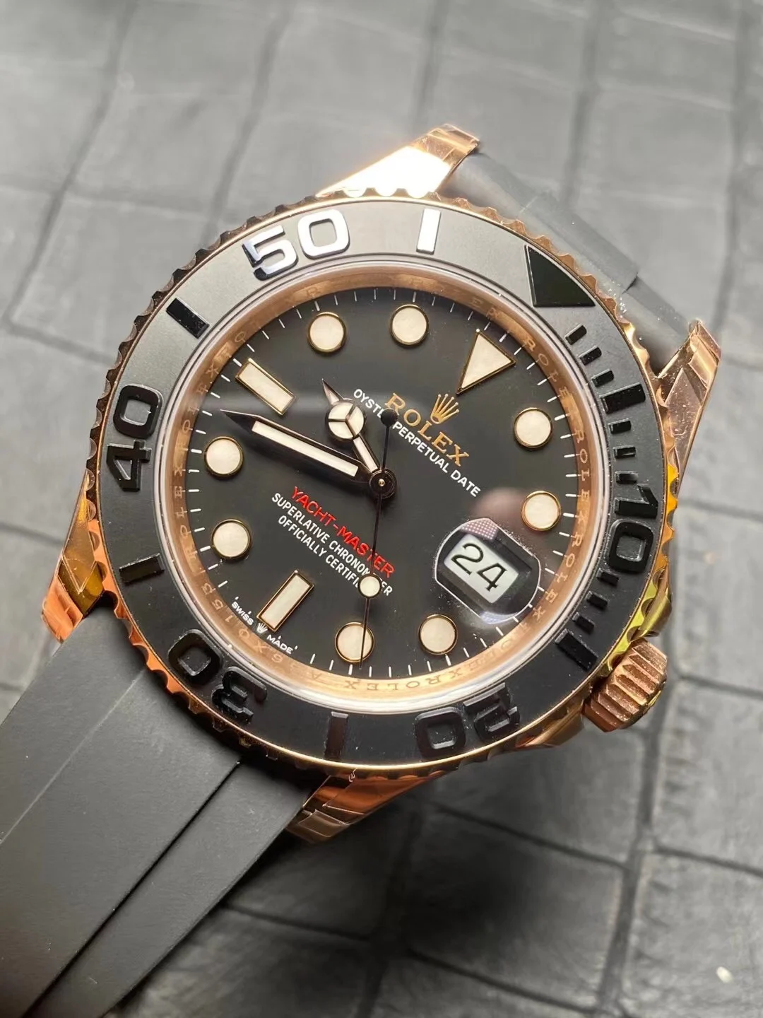 Rolex Yacht-Master Rose Gold 40mm — photographed off the sweep