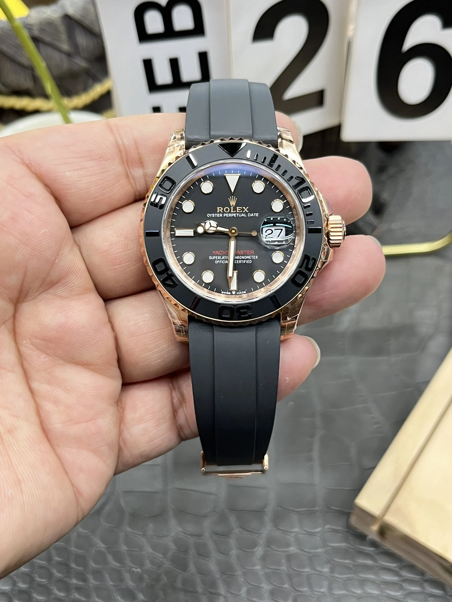 Rolex Yacht-Master Rose Gold 40mm — photographed off the sweep