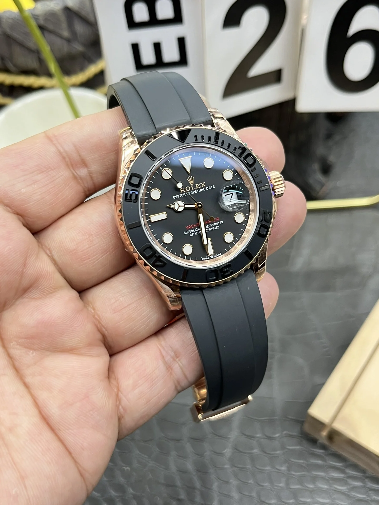 Rolex Yacht-Master Rose Gold 40mm — photographed off the sweep