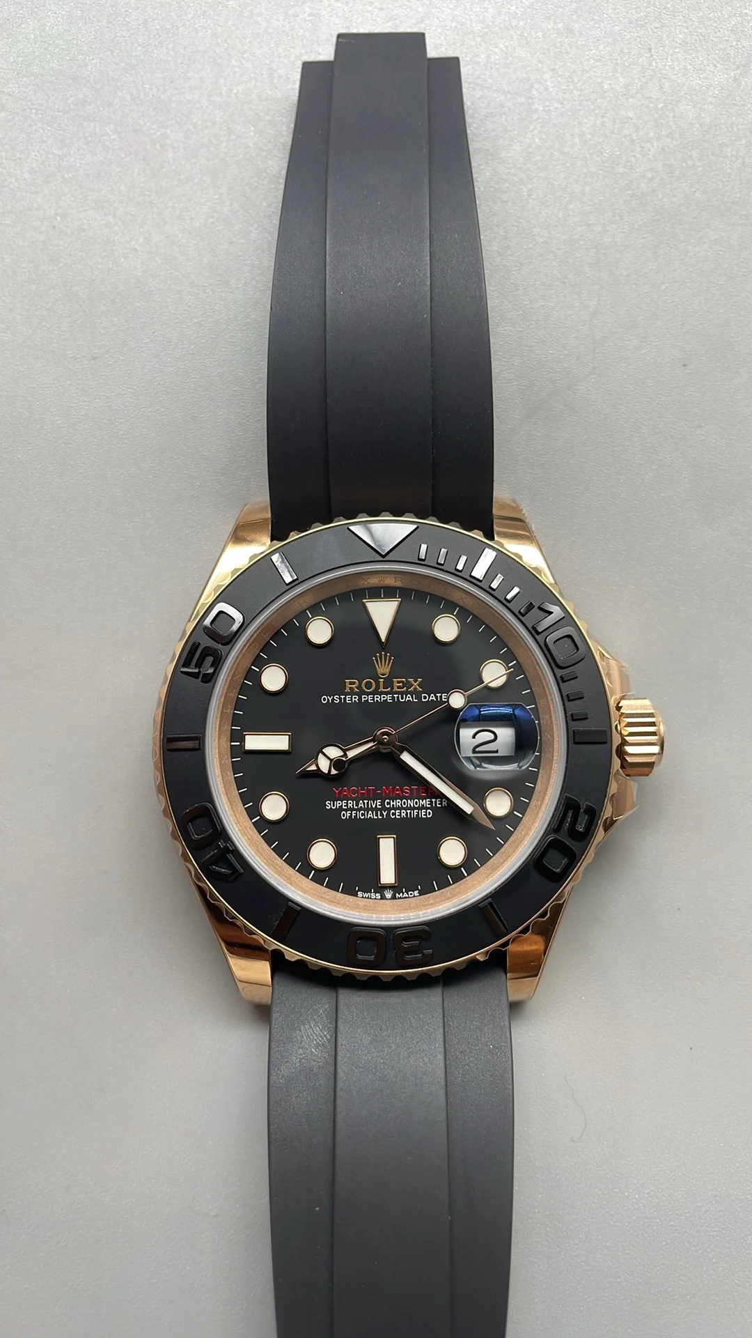 Rolex Yacht-Master Rose Gold 40mm — photographed off the sweep