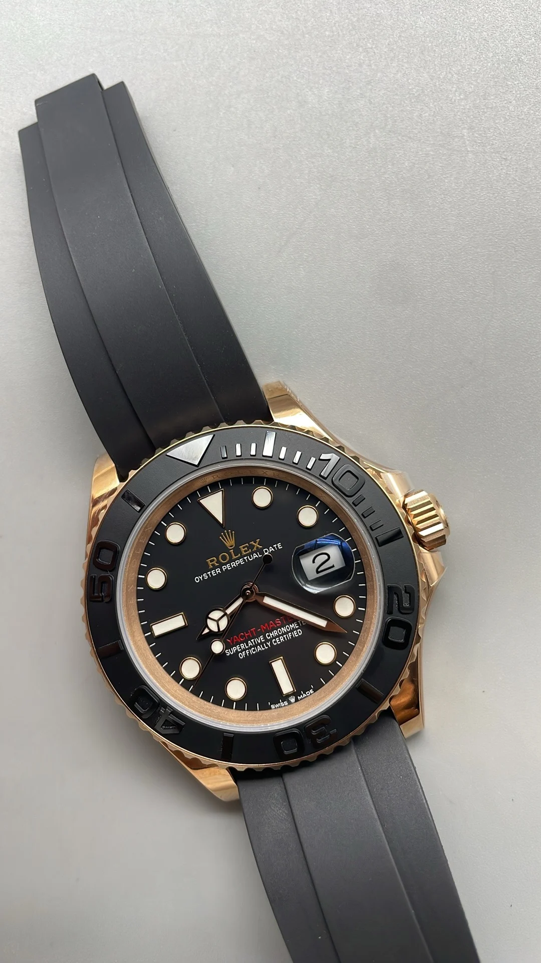 Rolex Yacht-Master Rose Gold 40mm — photographed off the sweep