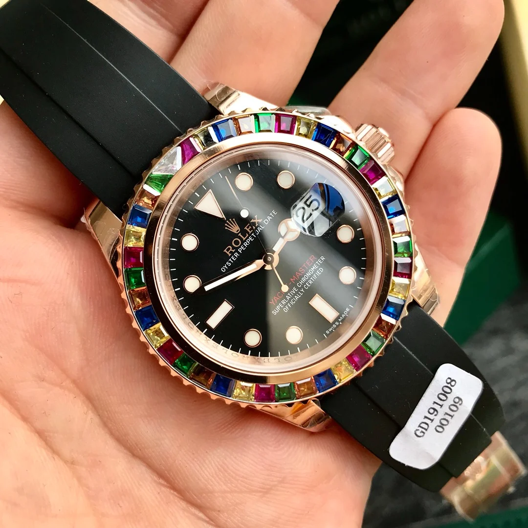 Rolex Yacht-Master Rose Gold Black Dial 116655 40mm — photographed off the sweep