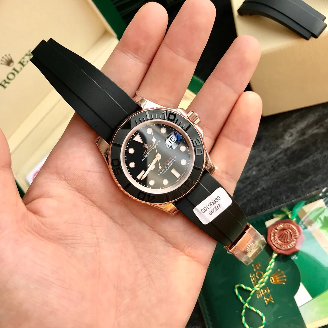 Rolex Yacht-Master Rose Gold Black Dial 116655 40mm — photographed off the sweep