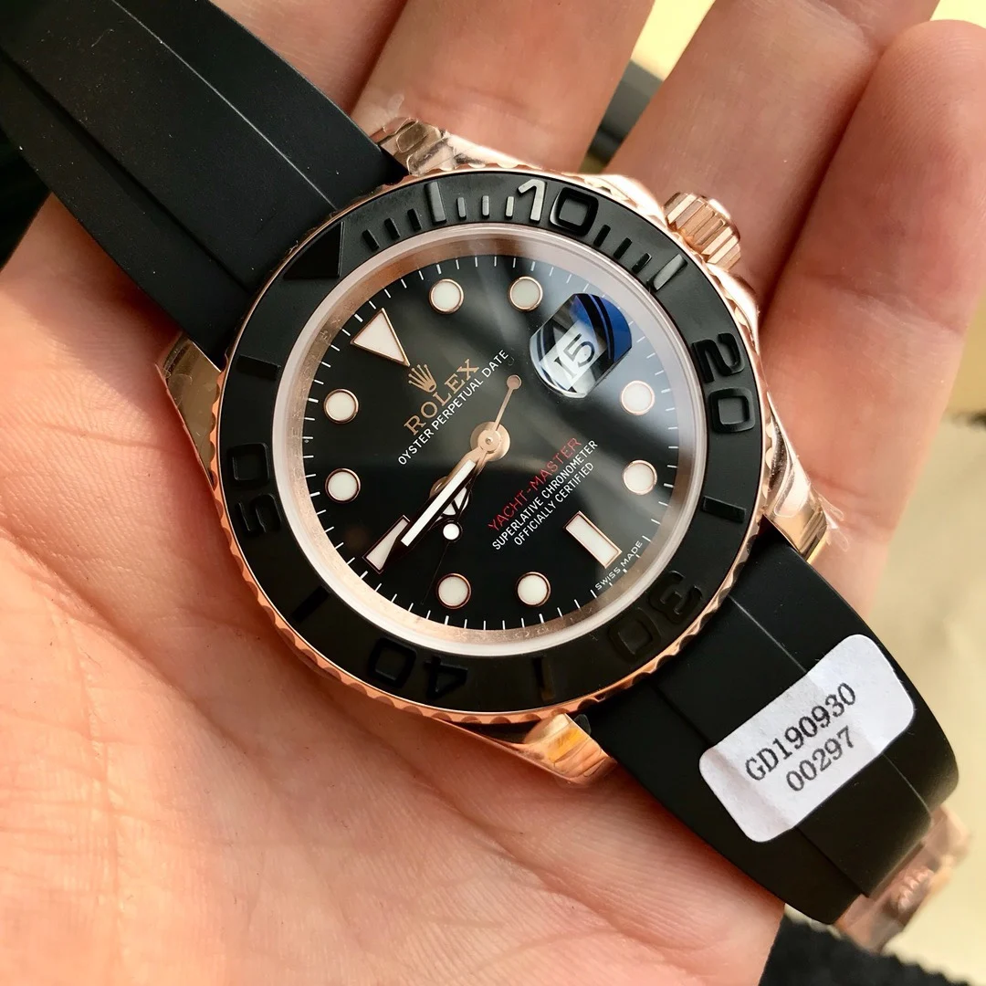 Rolex Yacht-Master Rose Gold Black Dial 116655 40mm — photographed off the sweep