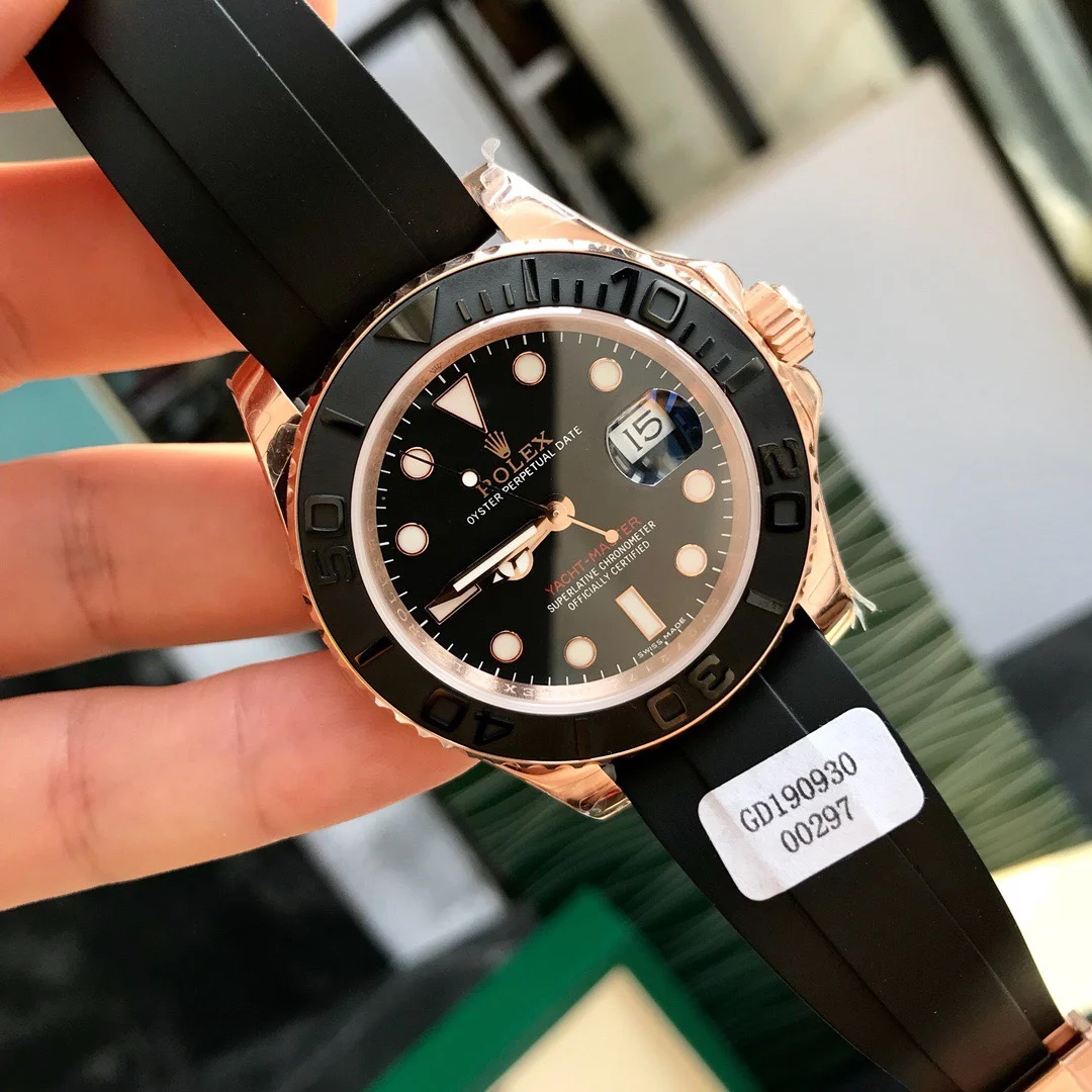 Rolex Yacht-Master Rose Gold Black Dial 116655 40mm — photographed off the sweep