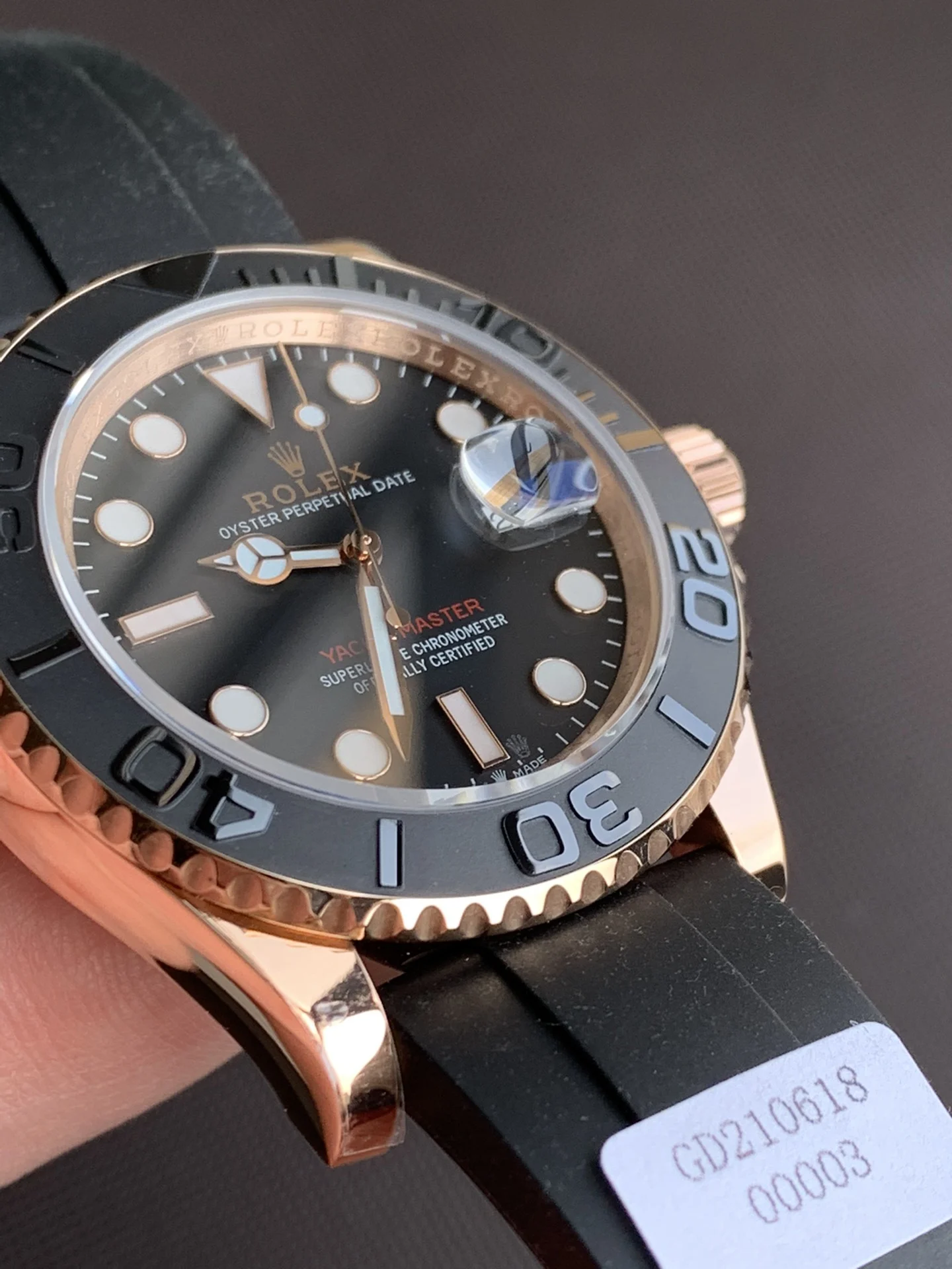 Rolex Yacht-Master Rose Gold Black Dial 116655 40mm — photographed off the sweep