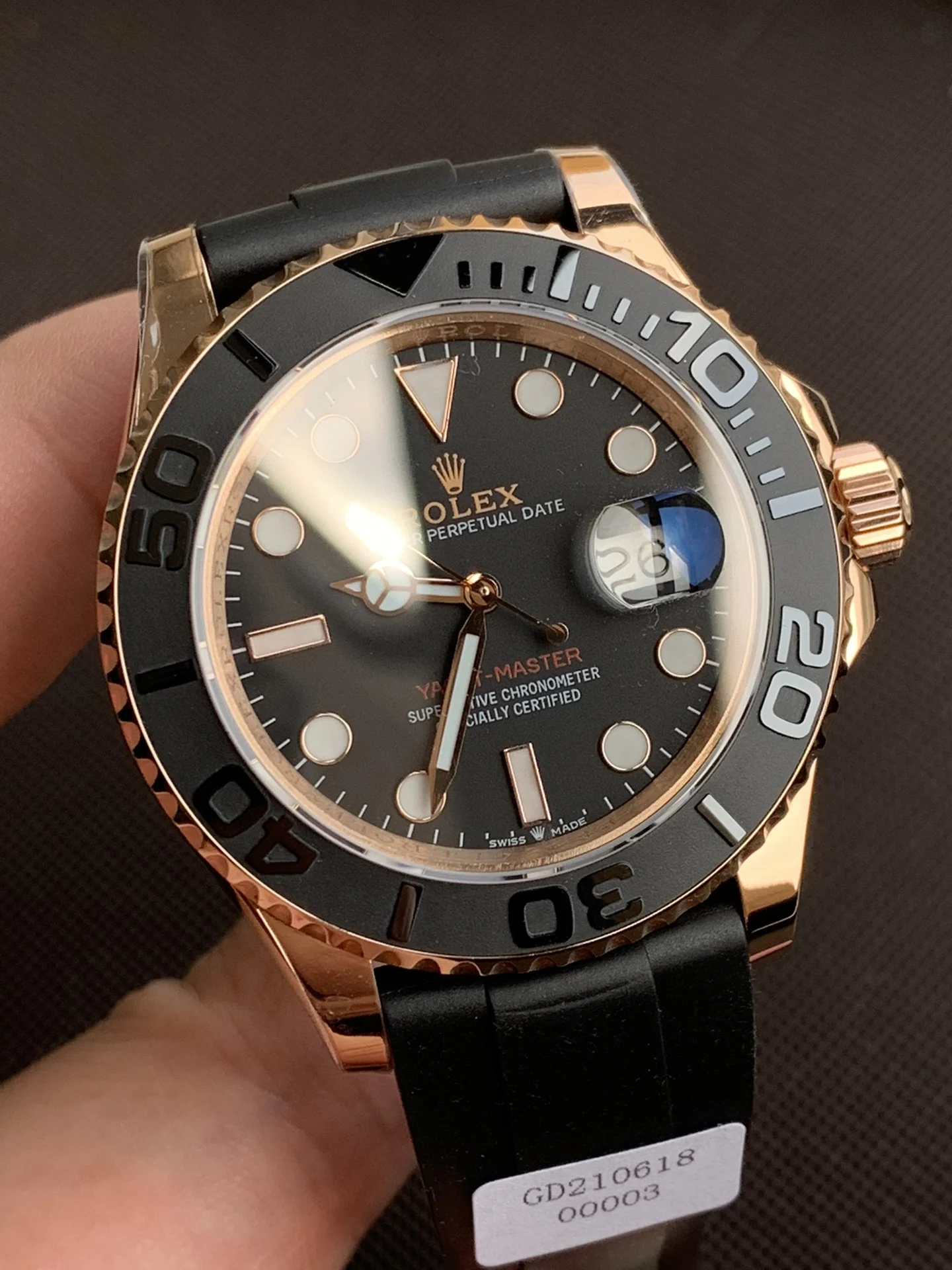Rolex Yacht-Master Rose Gold Black Dial 116655 40mm — photographed off the sweep