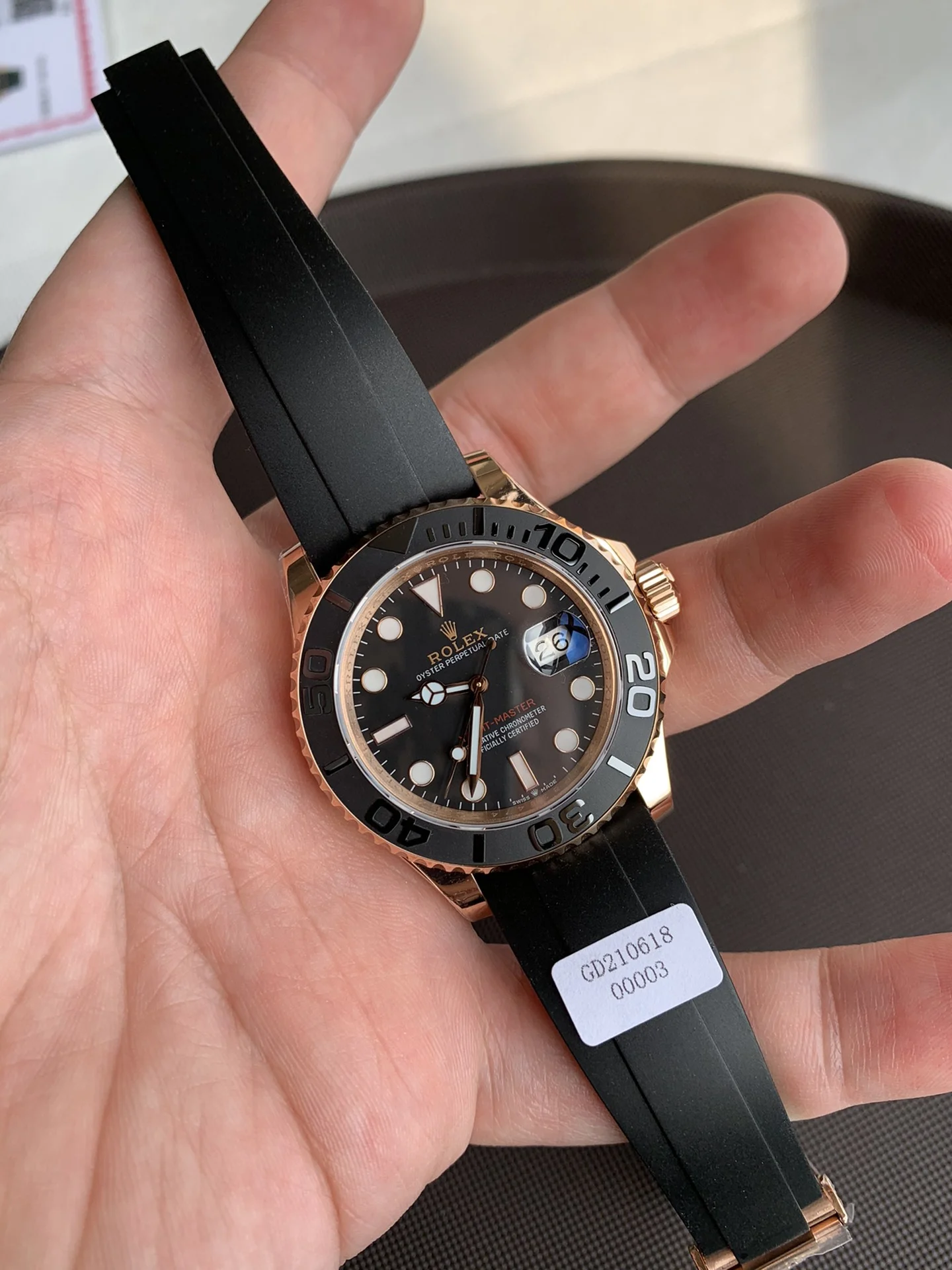 Rolex Yacht-Master Rose Gold Black Dial 116655 40mm — photographed off the sweep