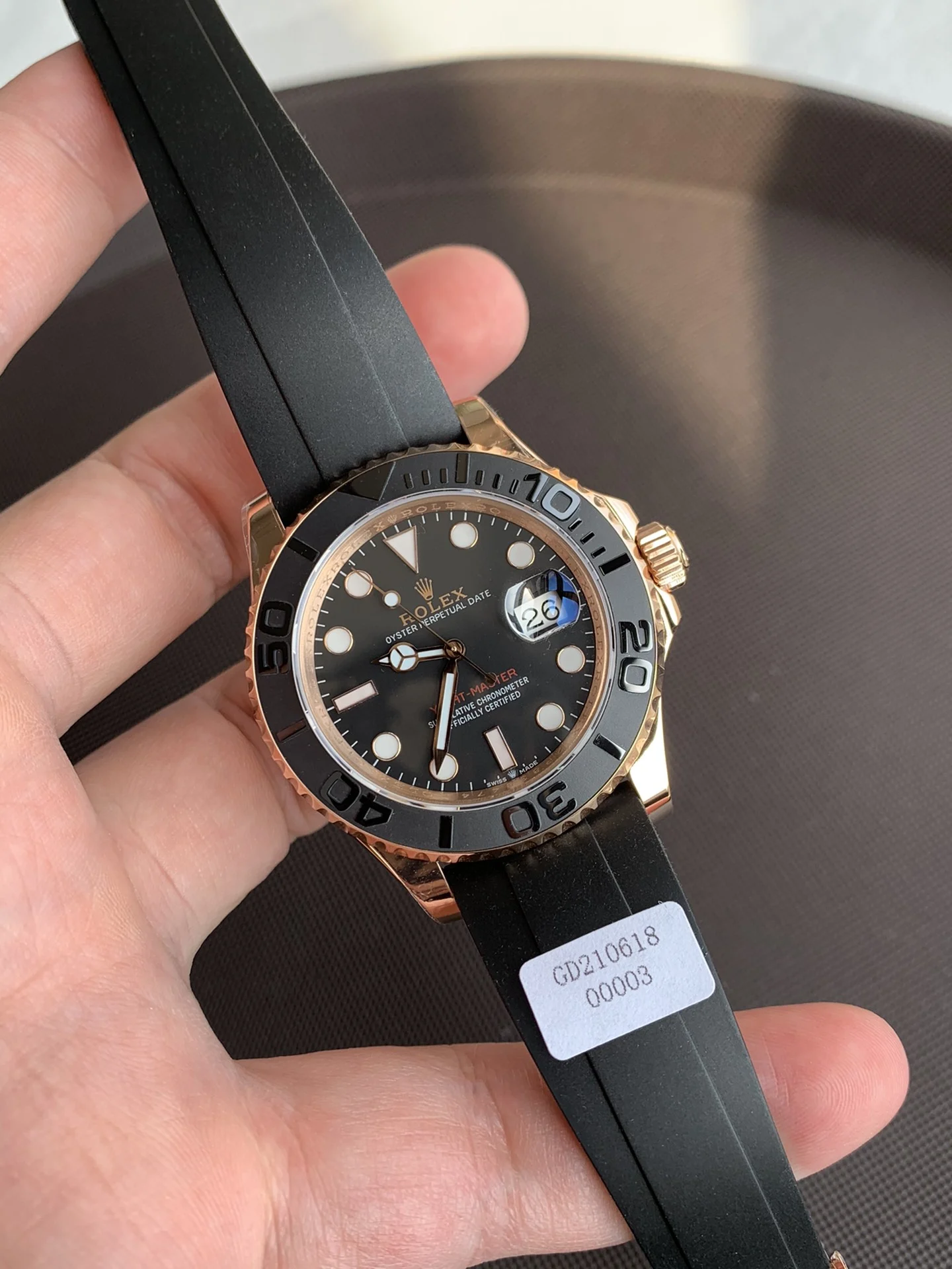 Rolex Yacht-Master Rose Gold Black Dial 116655 40mm — photographed off the sweep