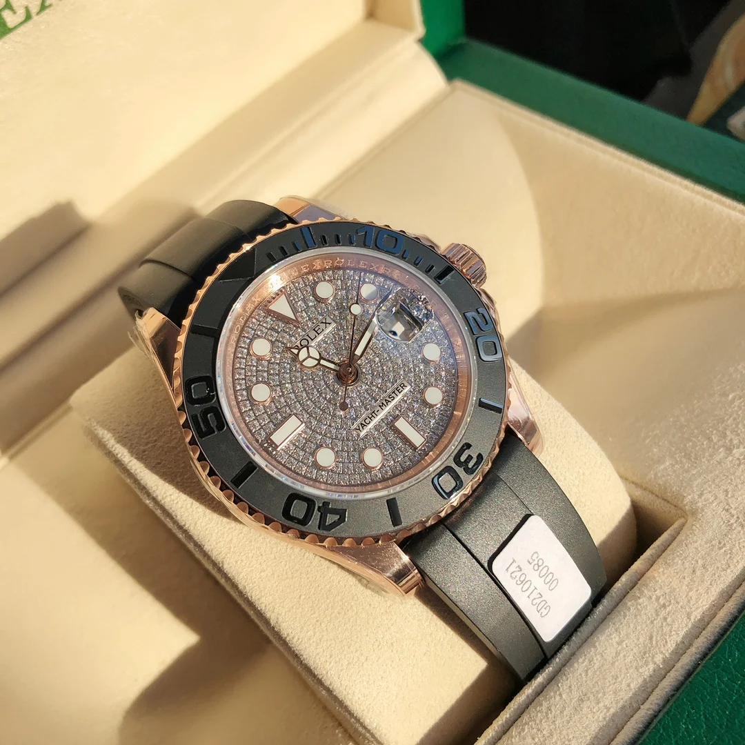 Rolex Yacht-Master Rose Gold Black Dial 116655 40mm — photographed off the sweep