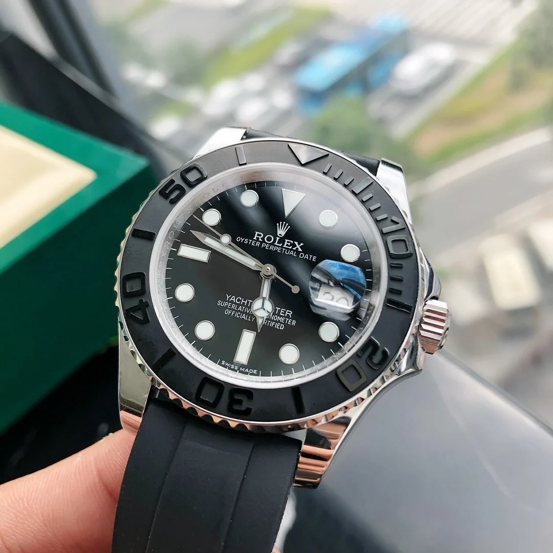 Rolex Yacht-Master White Gold Black Dial 40mm — photographed off the sweep
