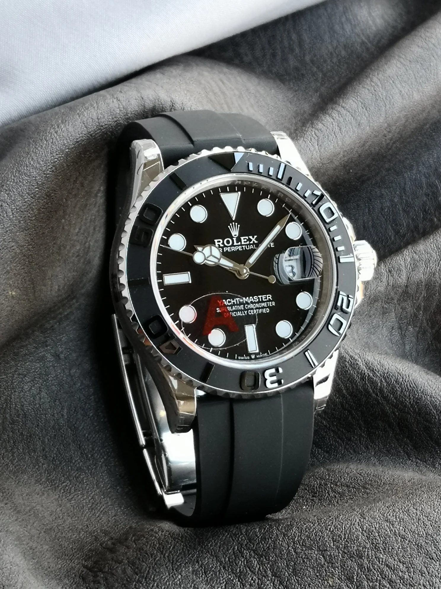 Rolex Yacht-Master White Gold Black Dial 42mm — photographed off the sweep