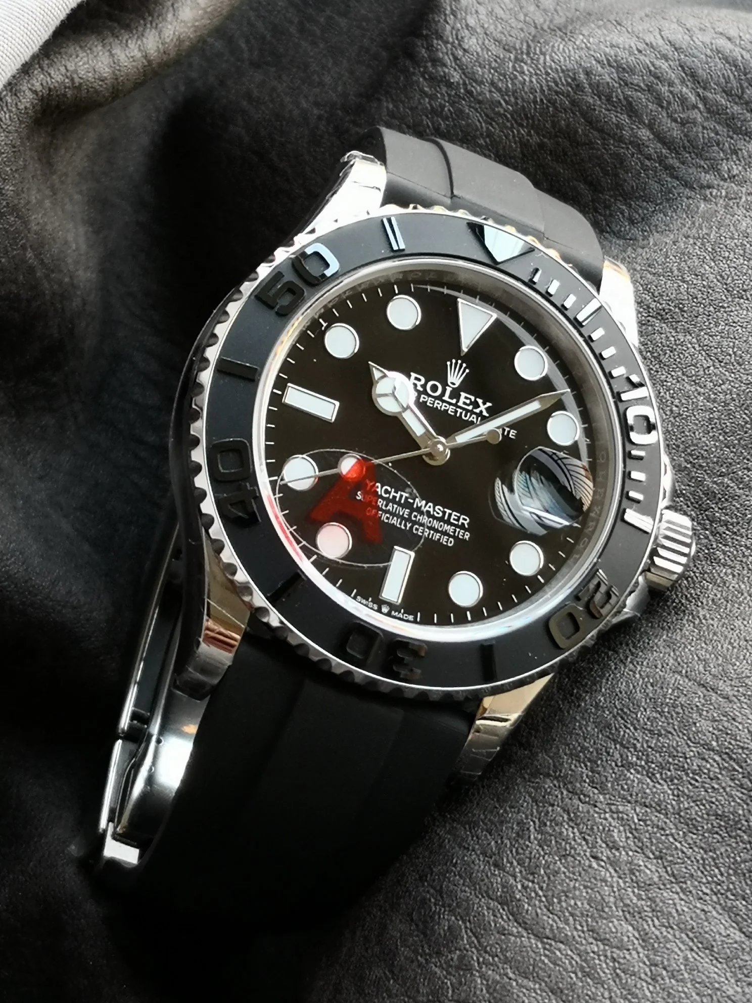 Rolex Yacht-Master White Gold Black Dial 42mm — photographed off the sweep