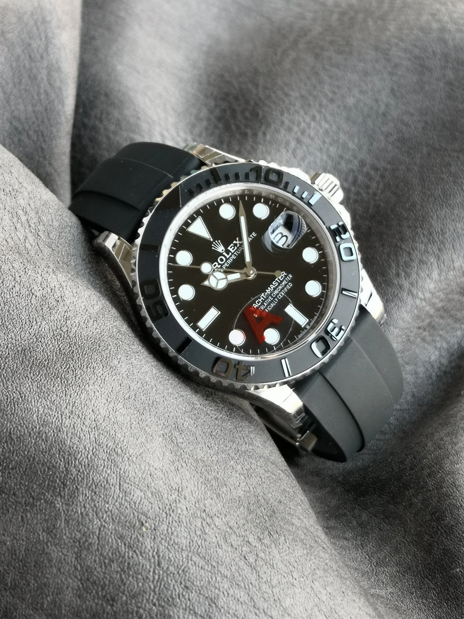 Rolex Yacht-Master White Gold Black Dial 42mm — photographed off the sweep