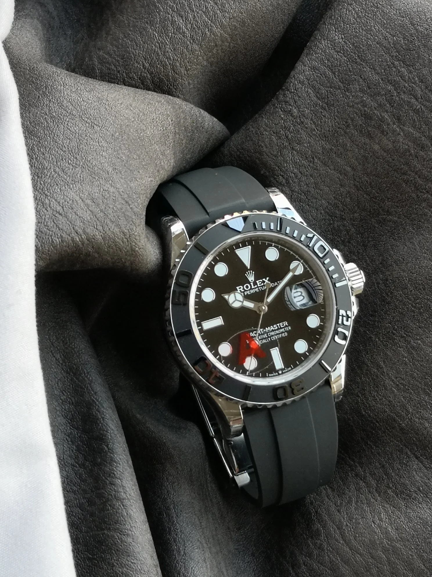 Rolex Yacht-Master White Gold Black Dial 42mm — photographed off the sweep